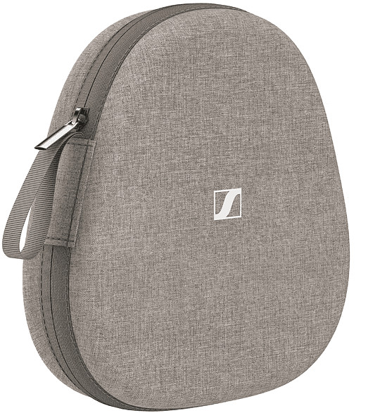 A light gray oval case with a zipper and a handle. A logo is on the front of the case.