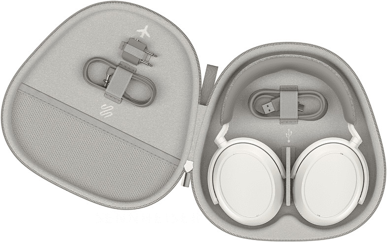 Headphones in an open case. A cable and adapter are visible in the left part of the case.