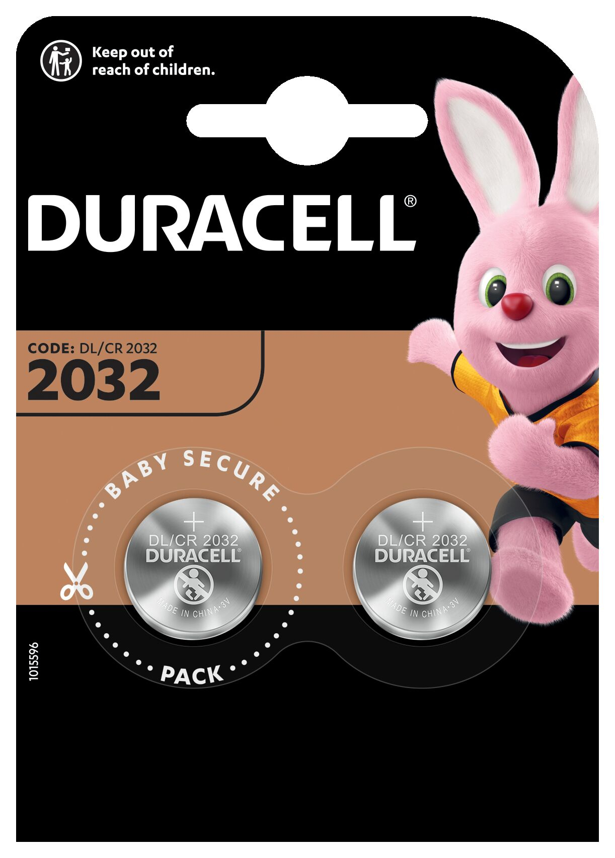 Duracell-Batteriepack mit zwei Knopfzellen und einem rosa Hasenmaskottchen.
