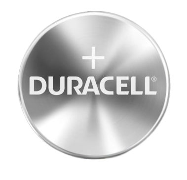 Silberne Duracell-Batterie mit Pluszeichen und Markenlogo. Weißer Hintergrund, klares Design.
