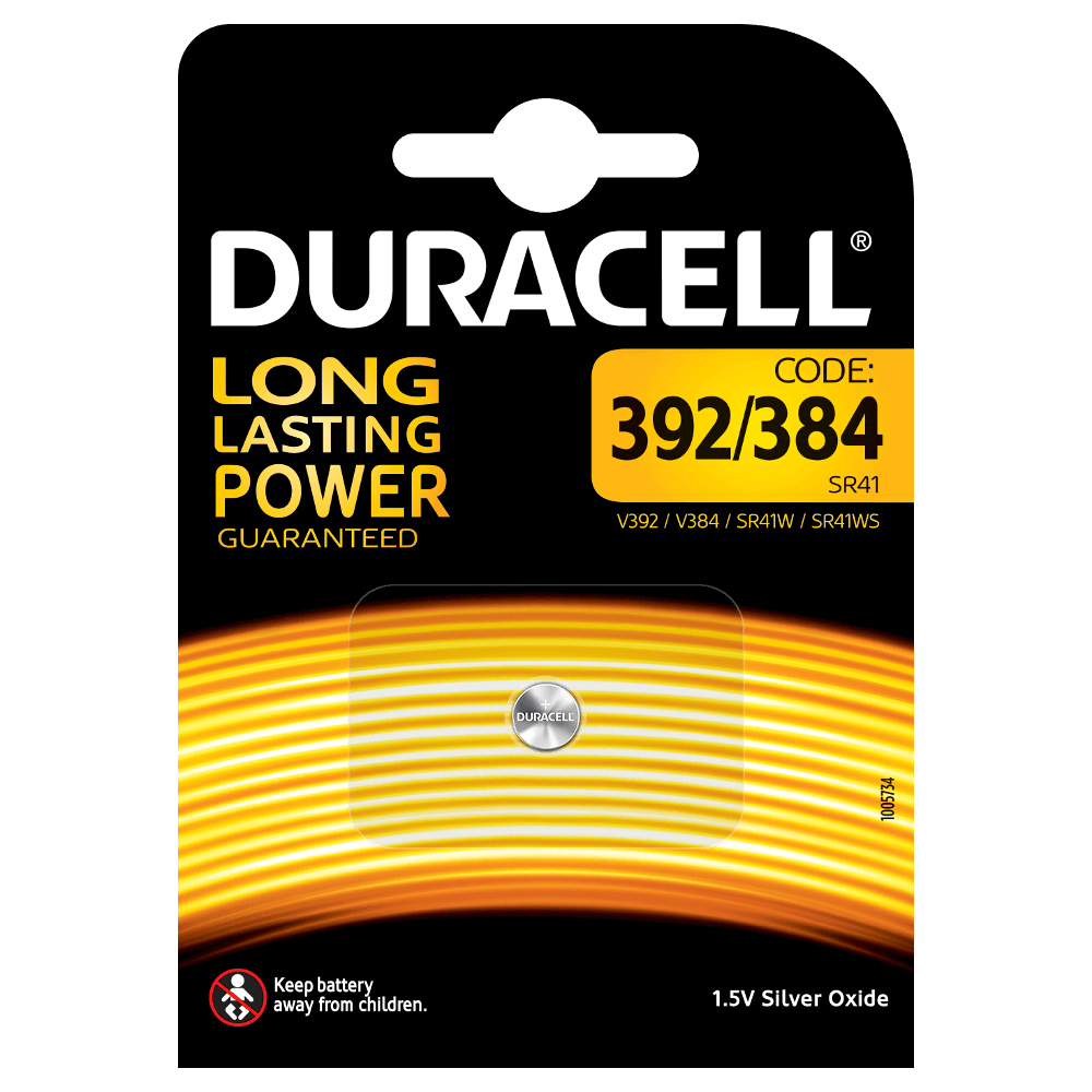 Duracell-Batteriepackung. Schwarze und gelbe Verpackung mit Text und einer silbernen Batterie.