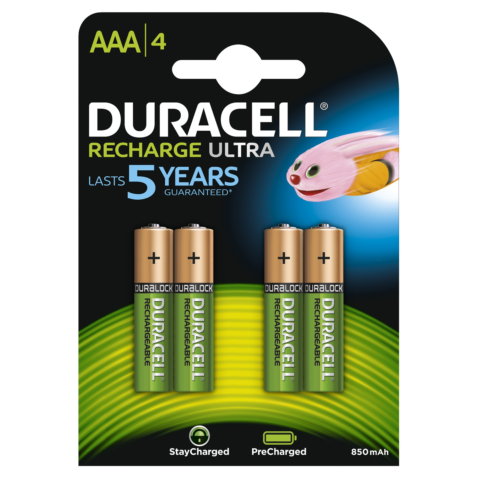 Duracell AAA-Batterienpackung, mit 4 Batterien, grün und weiß, mit Cartoon-Bild.