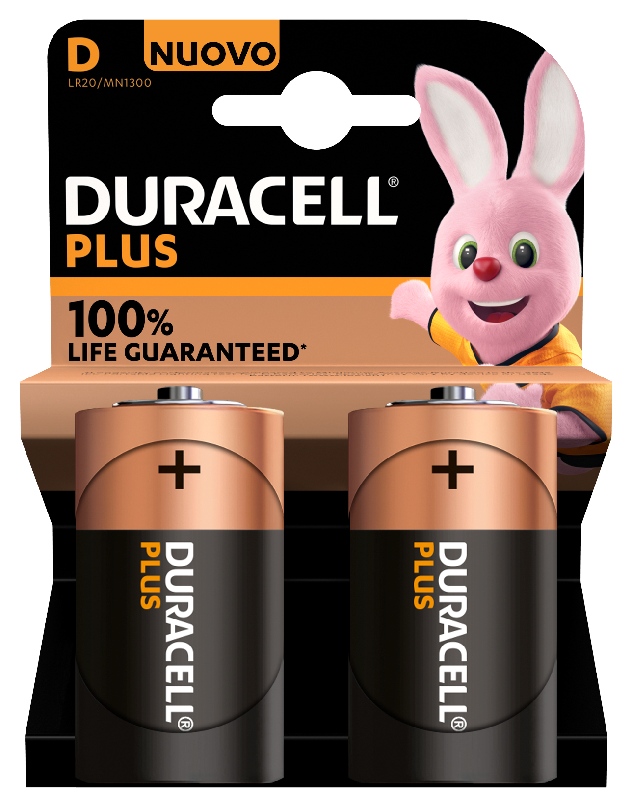 Eine Packung Duracell Plus Batterien. Zwei Batterien sind sichtbar, mit einem rosa Hasen auf der Packung.