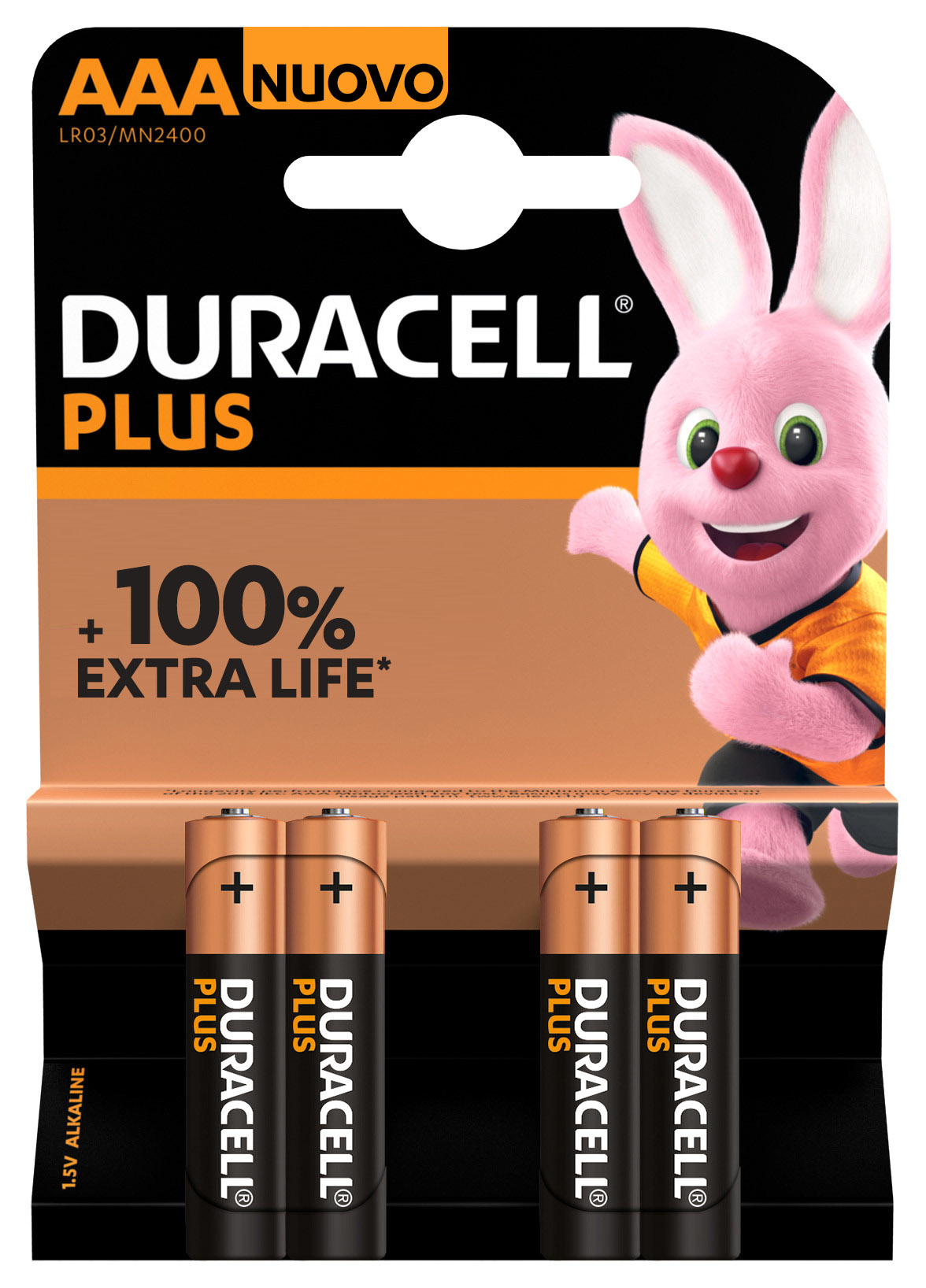 Duracell Plus Batterien in einer Blisterverpackung, mit pinkem Häschen und 100% Extra-Lebensdauer.