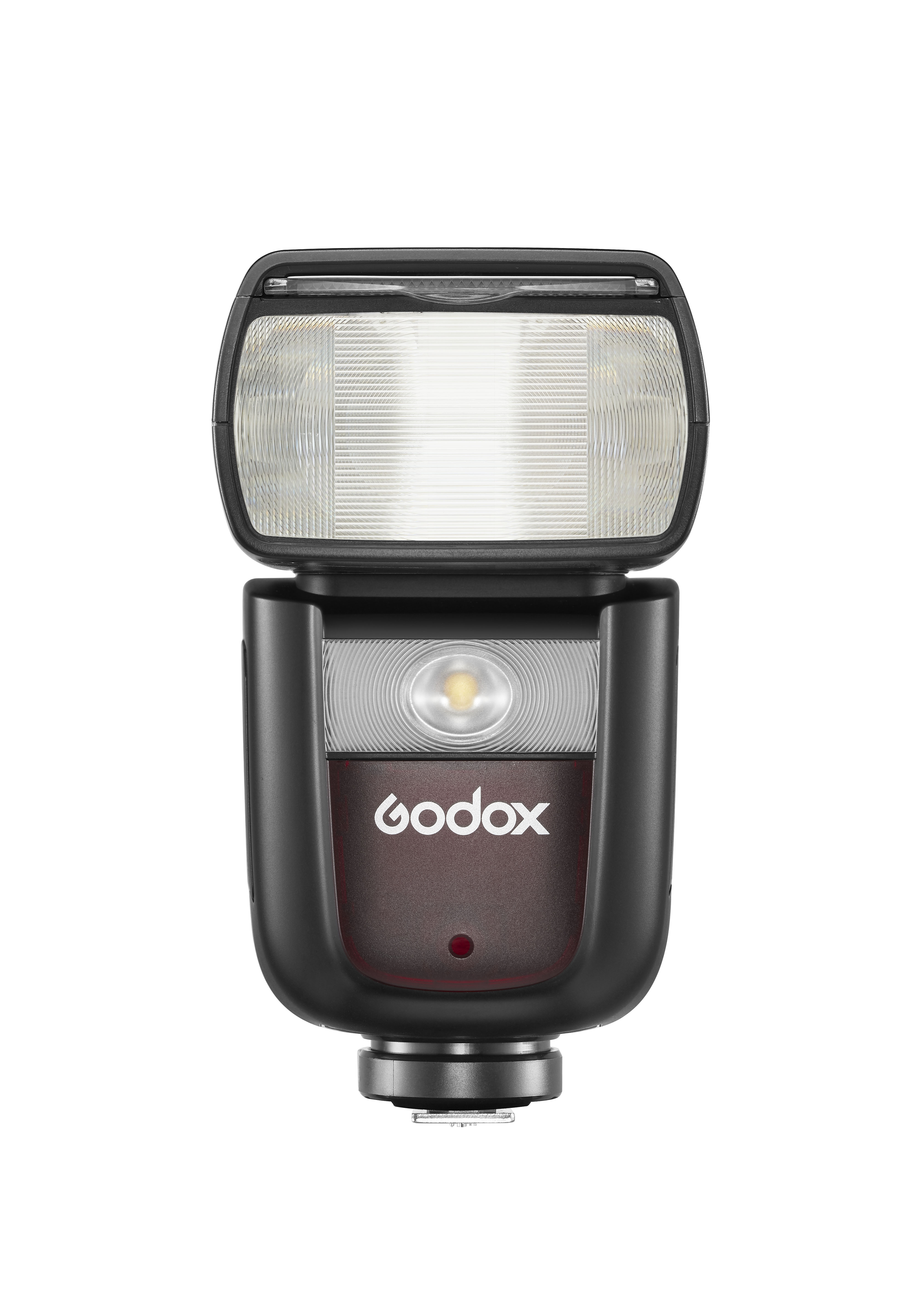 Ein schwarzes und rotes Blitzgerät mit dem Godox-Logo, weißer Hintergrund.