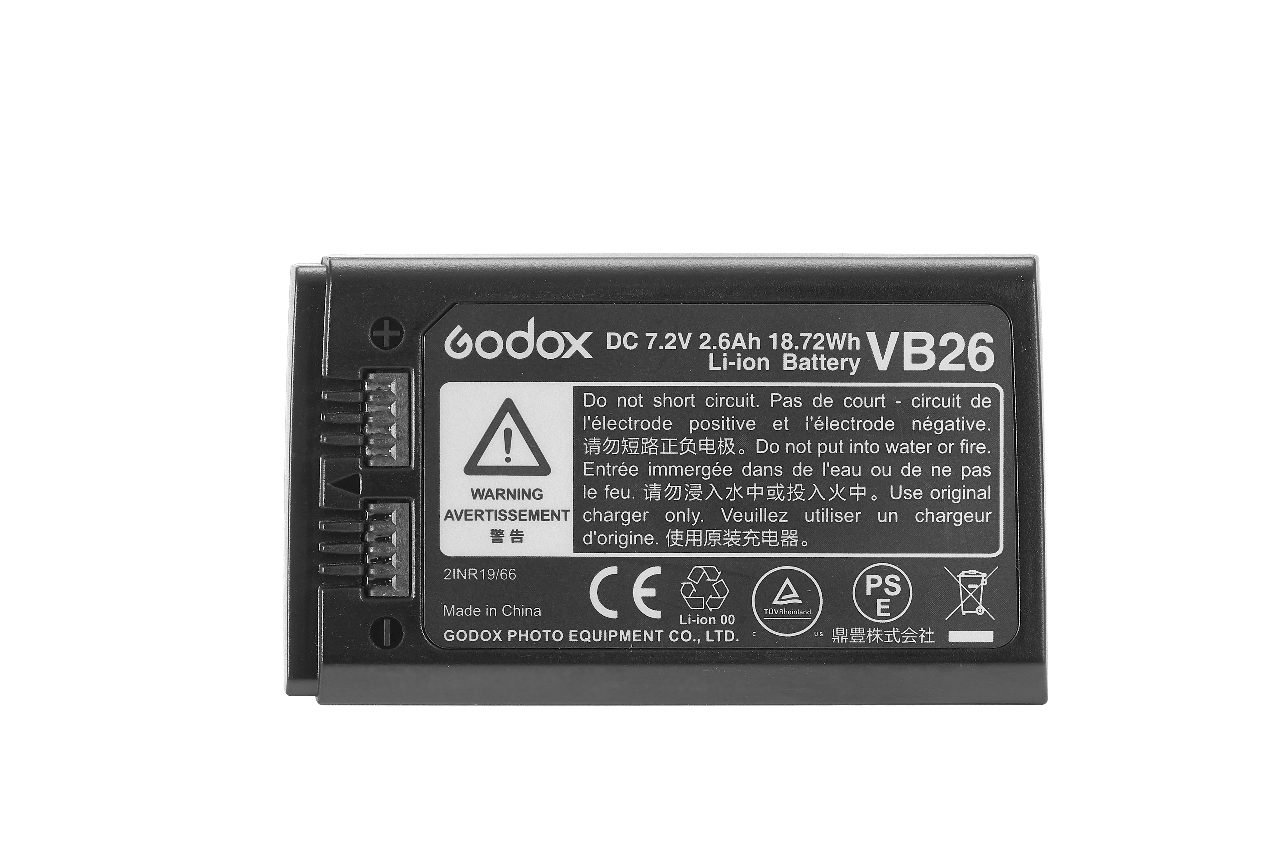 Schwarzer Godox VB26 Li-Ionen-Akku mit Warnhinweisen und Text auf weißem Hintergrund.