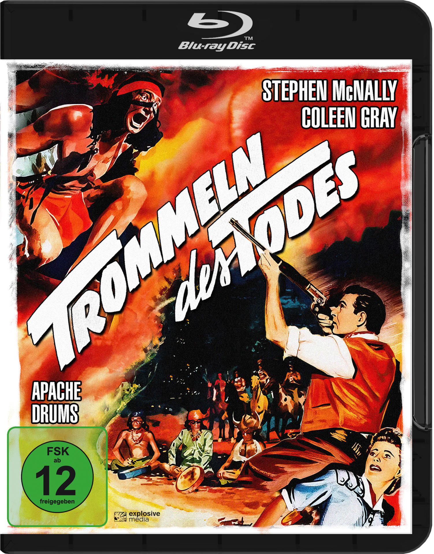 Filmcover für Trommeln des Todes. Ein Mann schießt mit einer Waffe, während Eingeborene im Hintergrund sind.