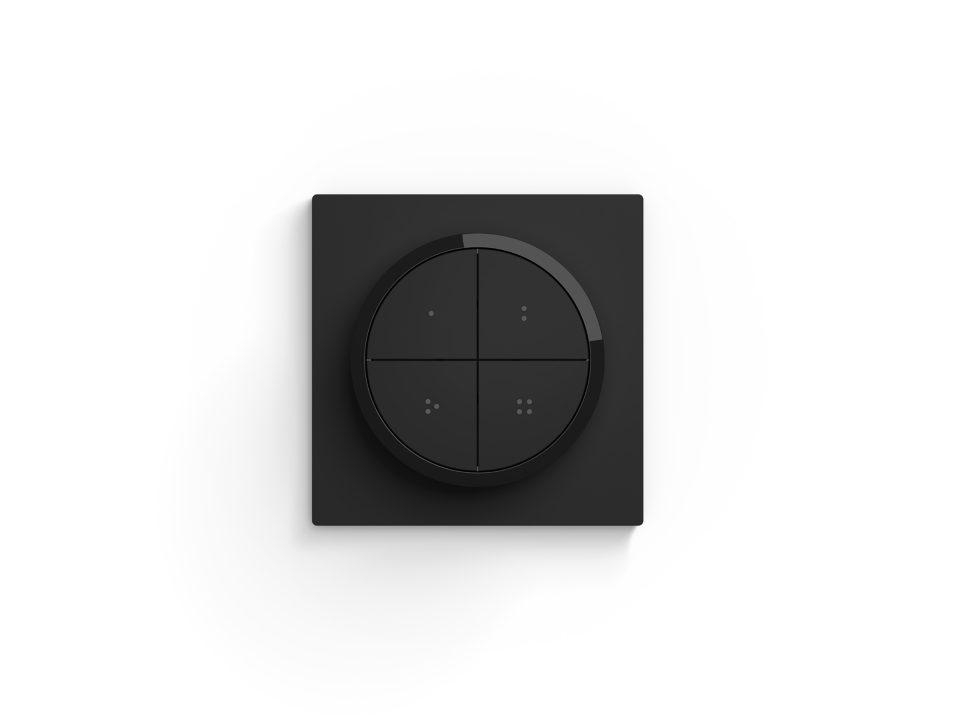 Schwarzes Smart-Home-Bedienfeld mit vier kreisförmigen Tasten auf quadratischer Basis.