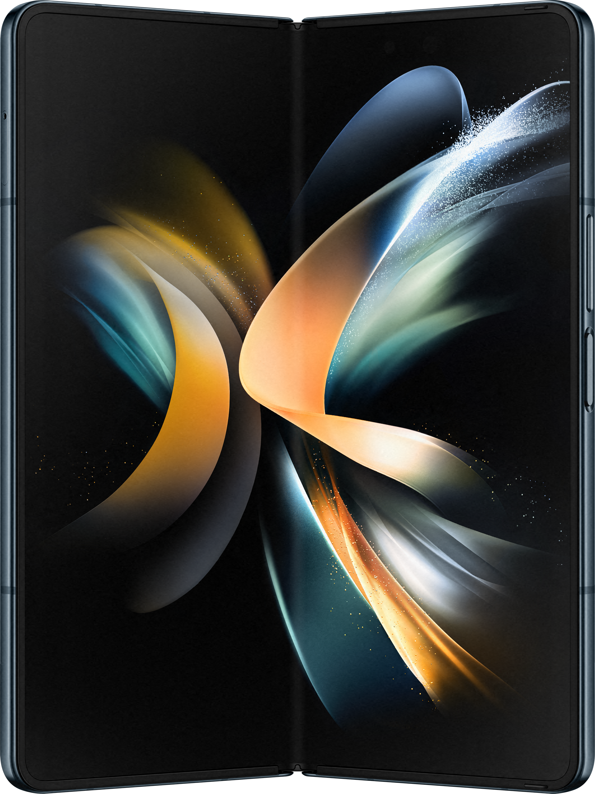 Faltbares Smartphone, offen. Der Bildschirm zeigt ein farbenfrohes, abstraktes Muster.