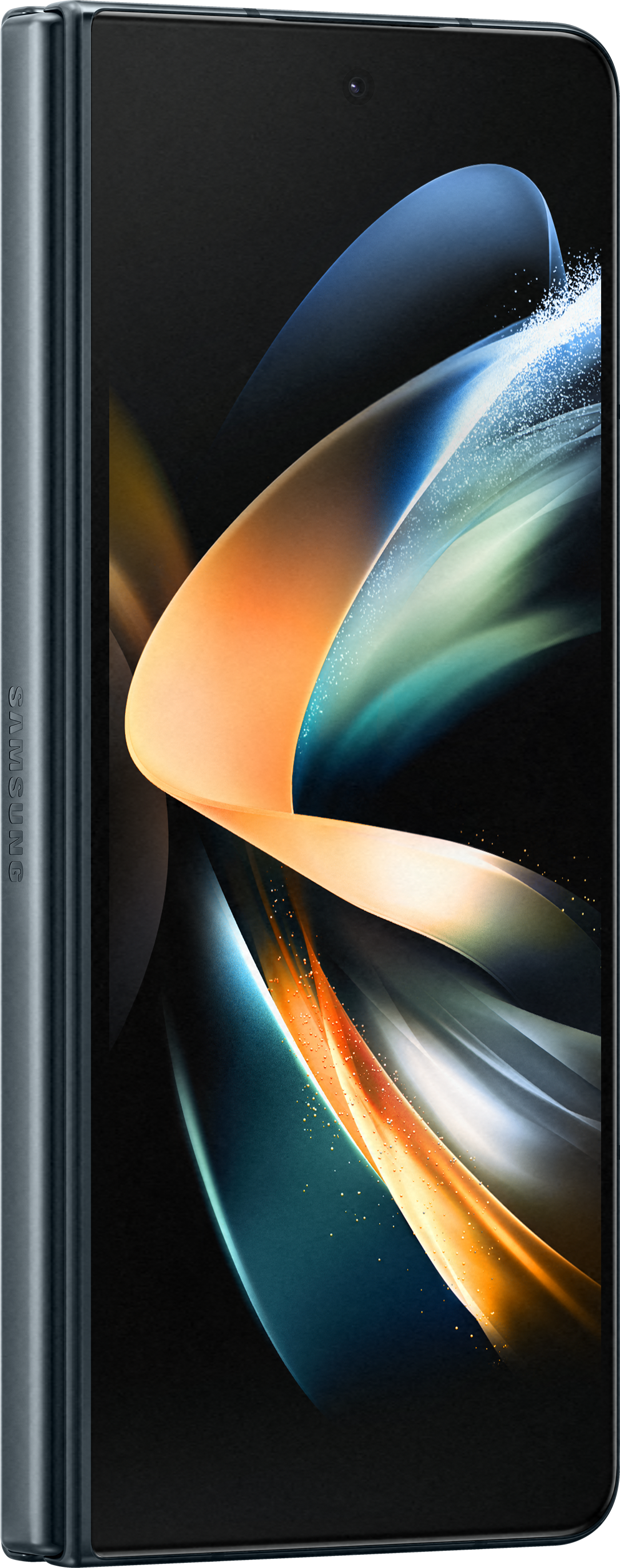 Ein geschlossenes, dunkelblaues Samsung Galaxy Z Fold 4 Smartphone, von der Seite gesehen.