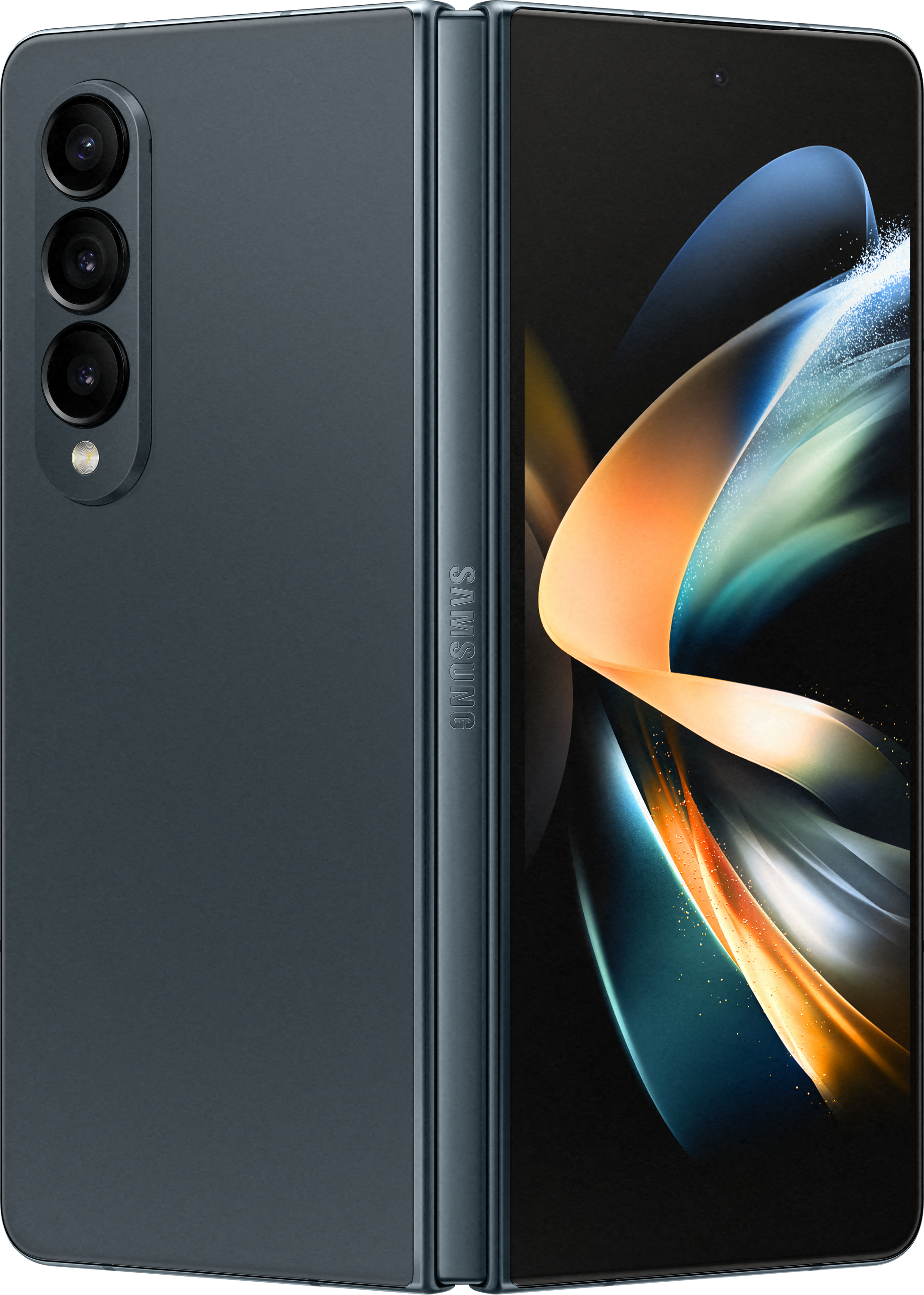 Faltbares Smartphone, dunkelgrau, mit Kameramodul links und Samsung-Logo rechts.