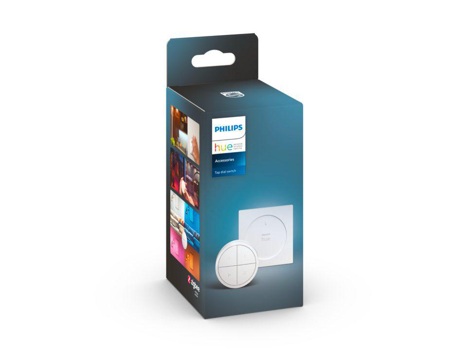 Philips Hue Zubehörbox: Tipp-Wahlschalter, mit weißem Schalter und Verpackung.