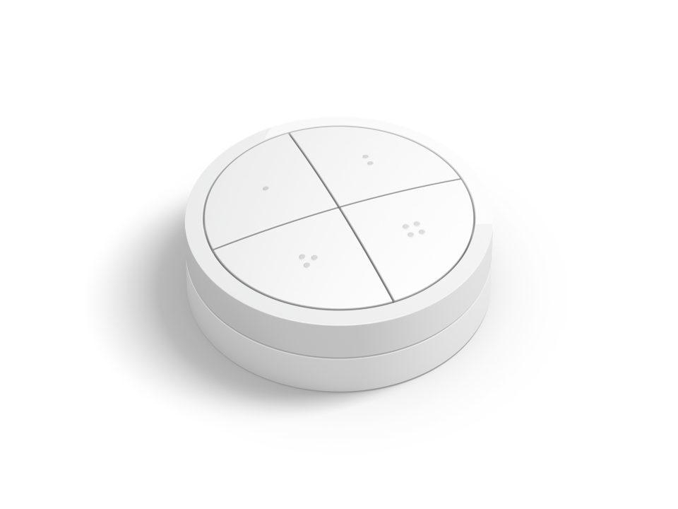 Weisse, runde Smart-Home-Fernbedienung mit vier Tasten.