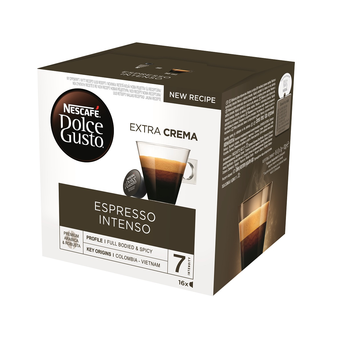 Nescafe Dolce Gusto kávé doboz, Espresso Intenso, barna háttér.