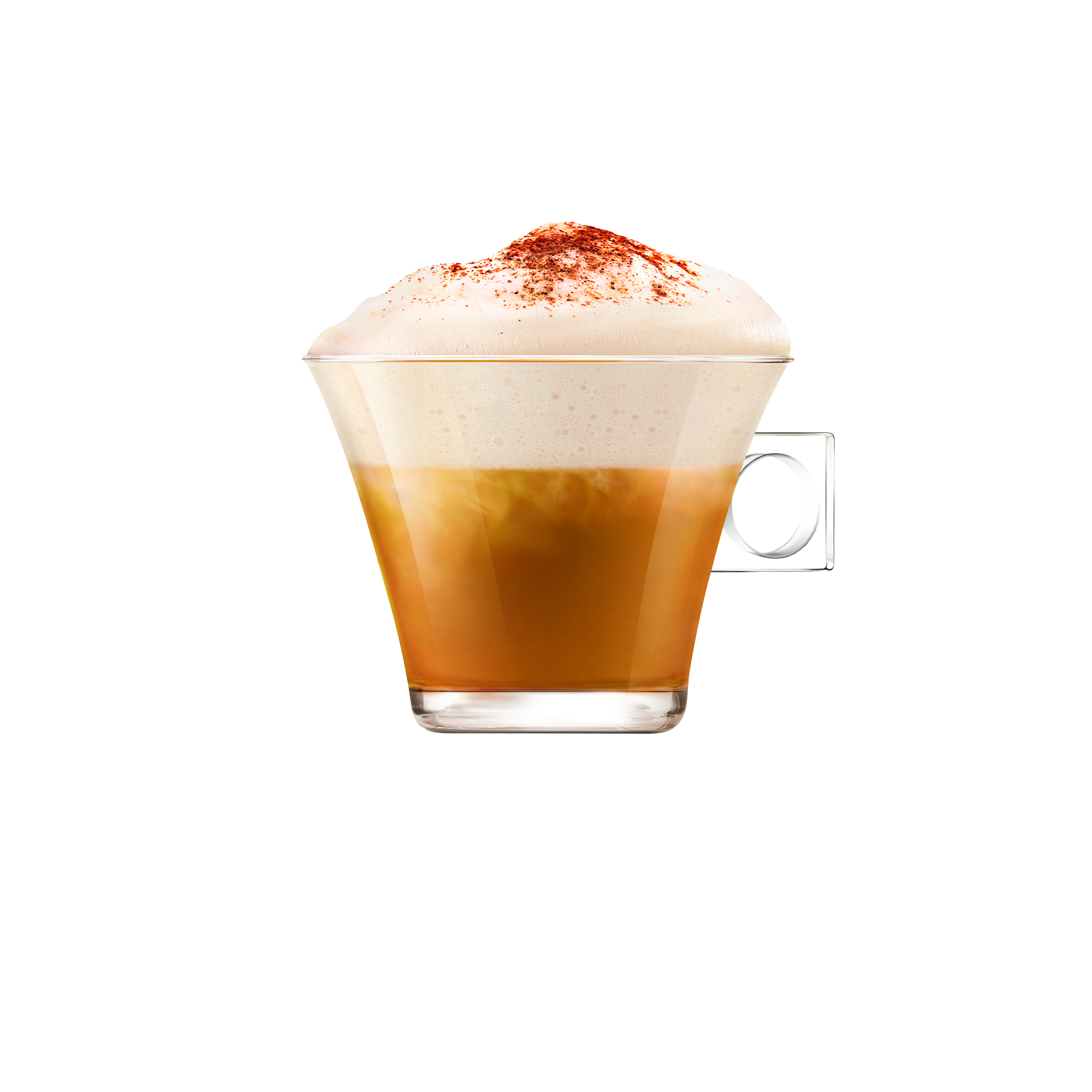 Cappuccino átlátszó pohárban. Az ital réteges kávéból és habból áll, kakaóporral megszórva.