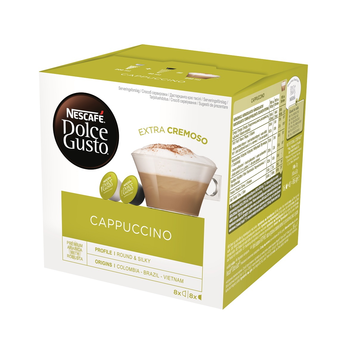 Nescafé Dolce Gusto cappuccino kapszulák doboza. Fehér doboz zöld díszítéssel.