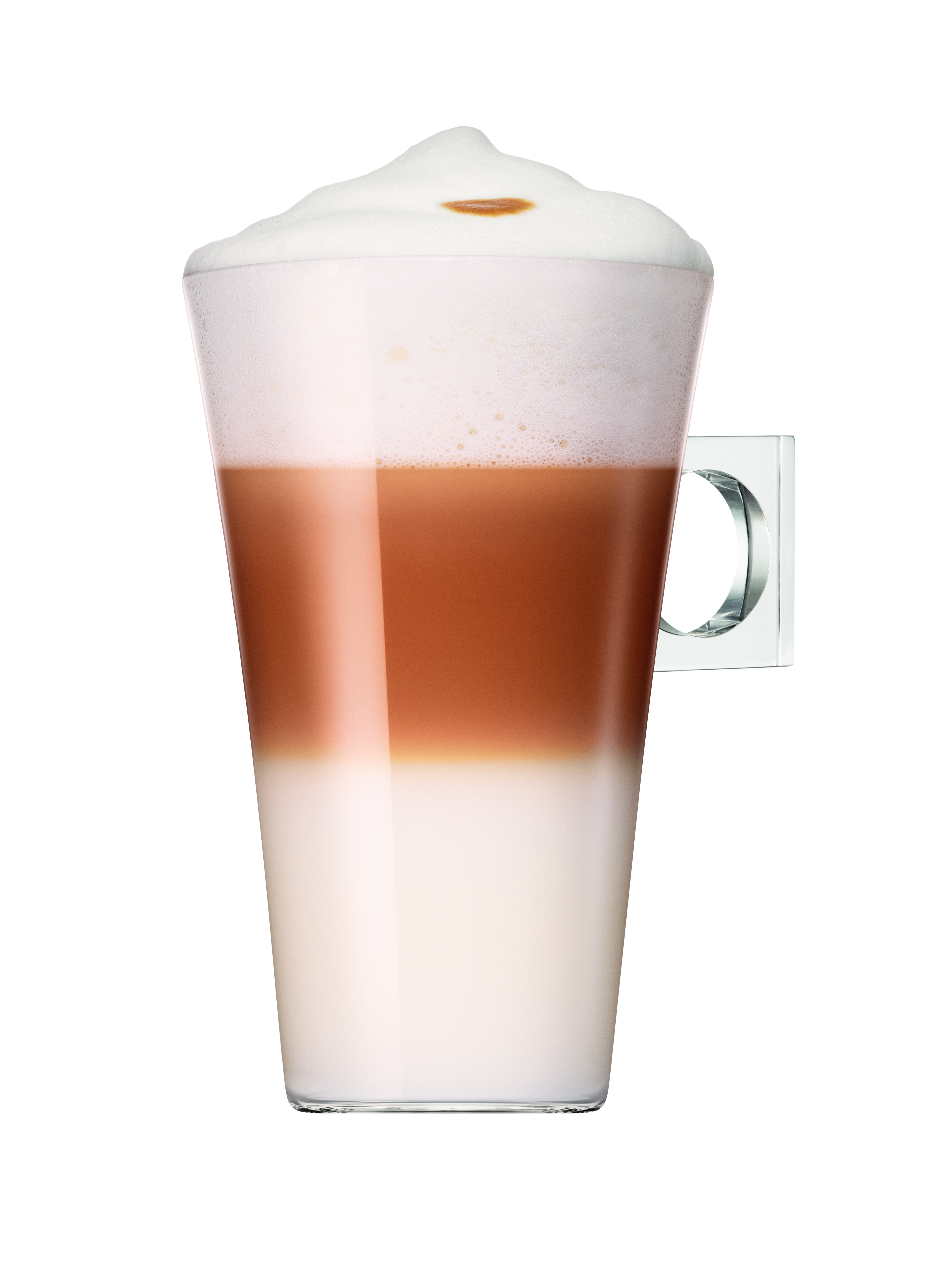 Magas pohár rétegzett latte. Fehér hab a tetején, barna középső réteg, fehér alsó réteg. Fehér háttér.