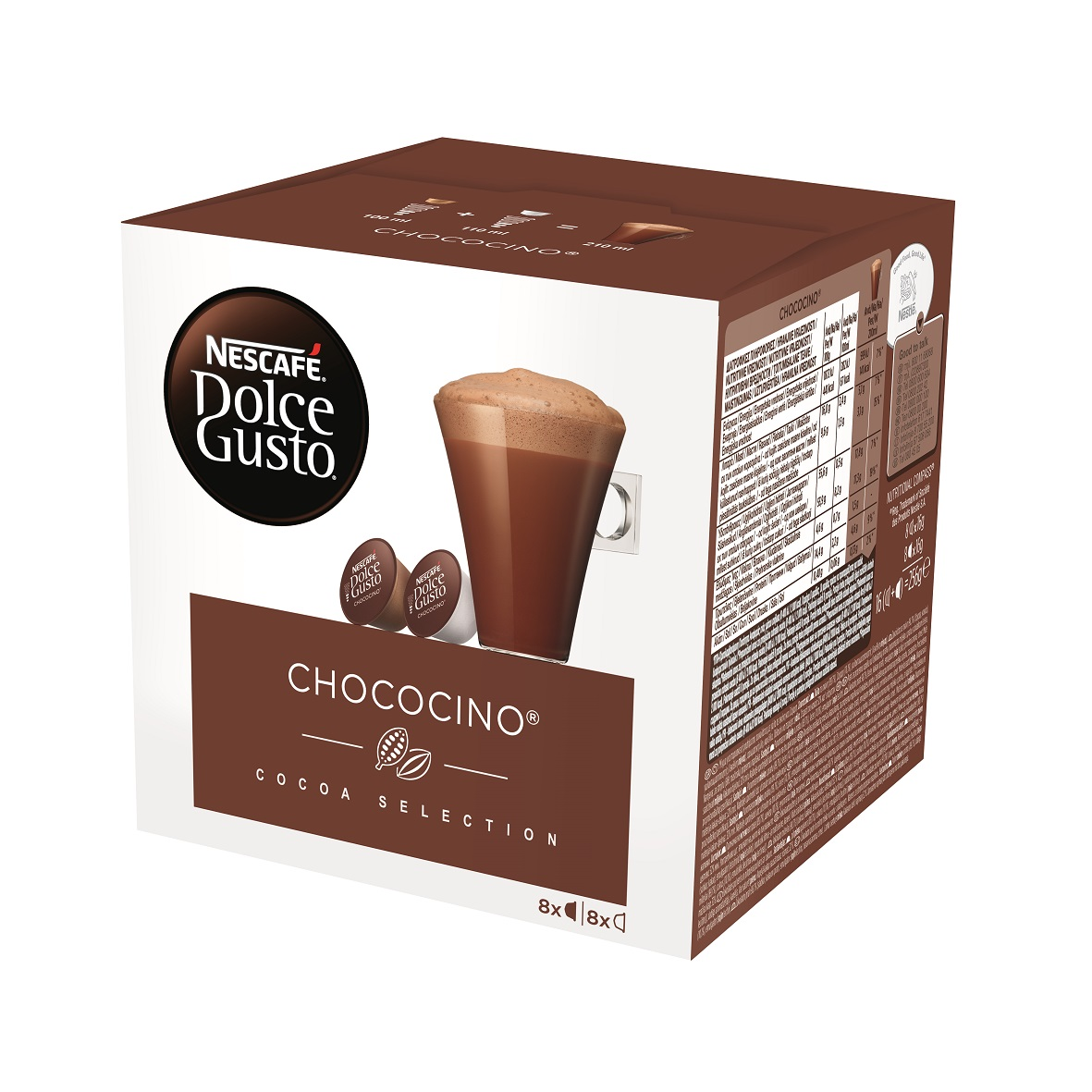 Nescafe Dolce Gusto Chococino doboz, kakaóválaszték, barna háttér.