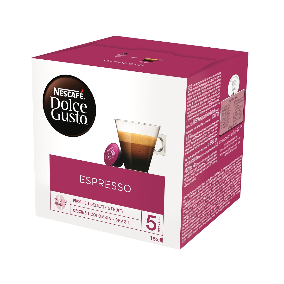 Nescafe Dolce Gusto Espresso doboz, piros-fehér, kávékapszula képével.