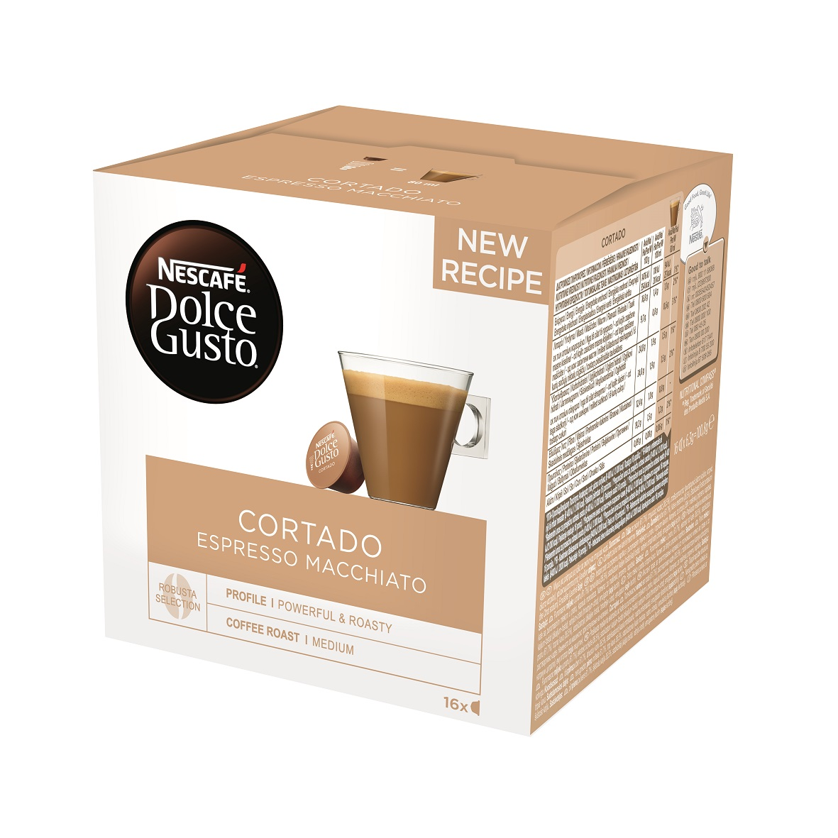 Egy doboz Nescafe Dolce Gusto kávépárna. A doboz barna, és van rajta egy csésze kép és szöveg.