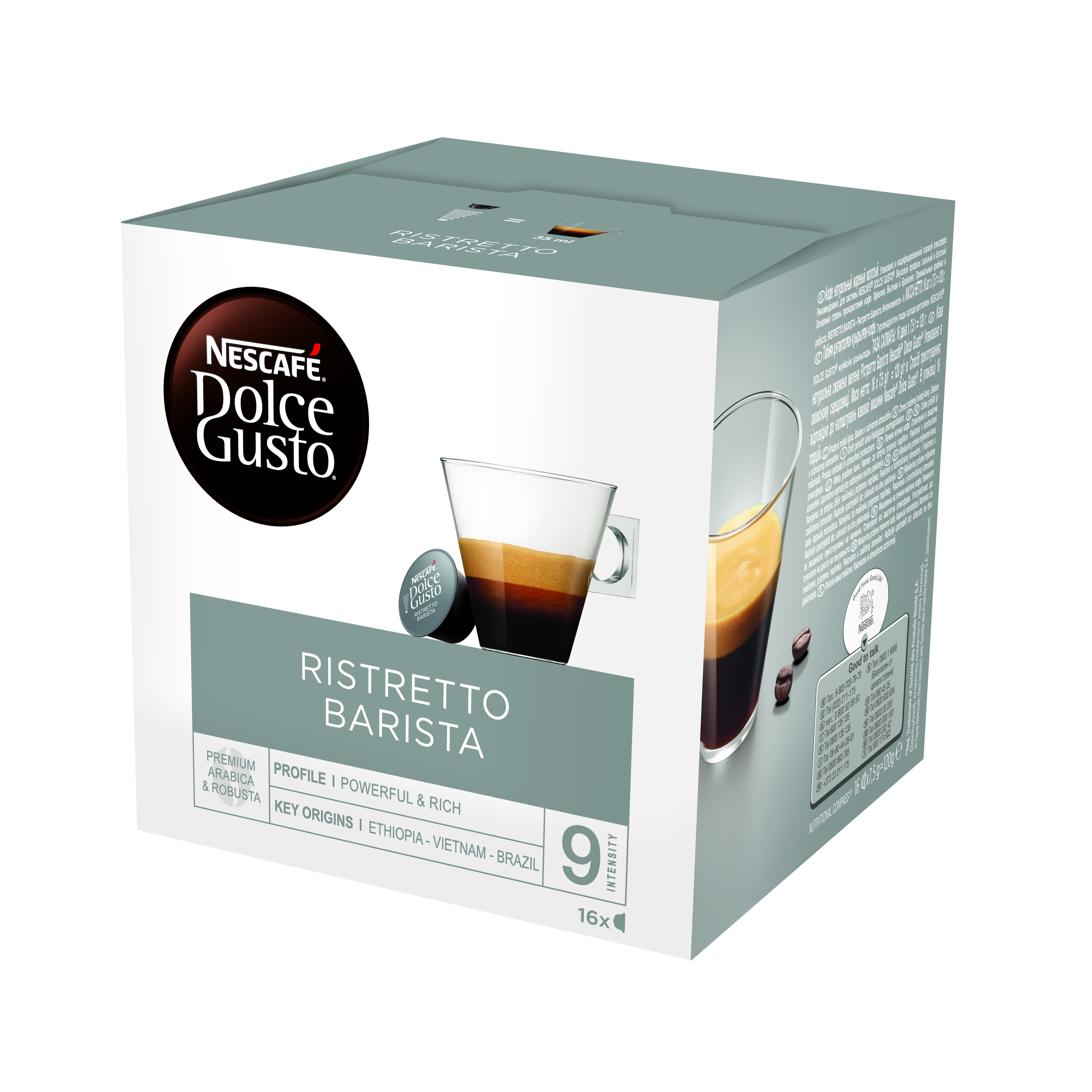 Nescafé Dolce Gusto Ristretto Barista kávékapszula doboza. Egy pohár kávé látható.
