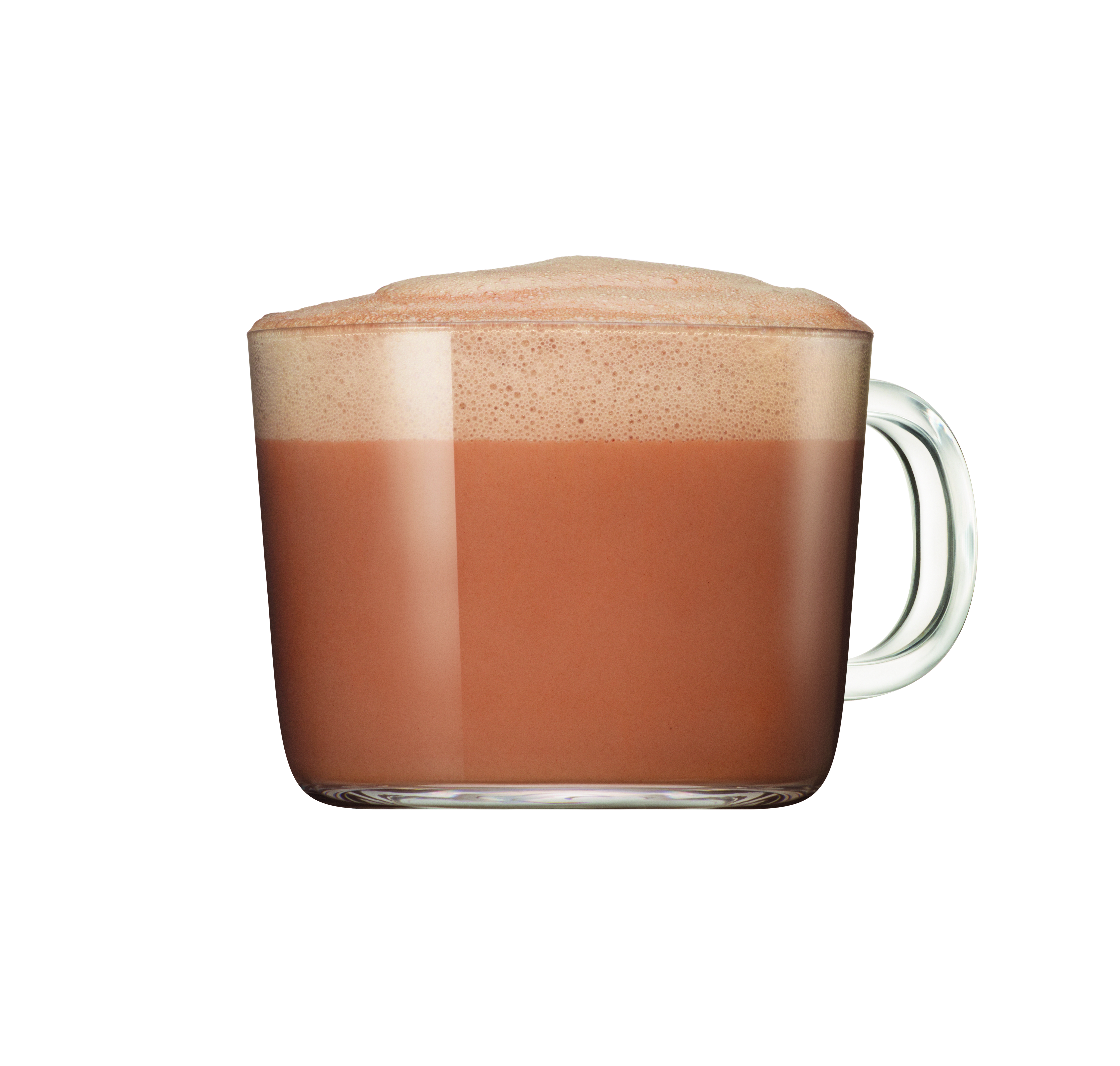 Egy átlátszó üvegpohár, tele cappuccinóval. Habos a teteje.