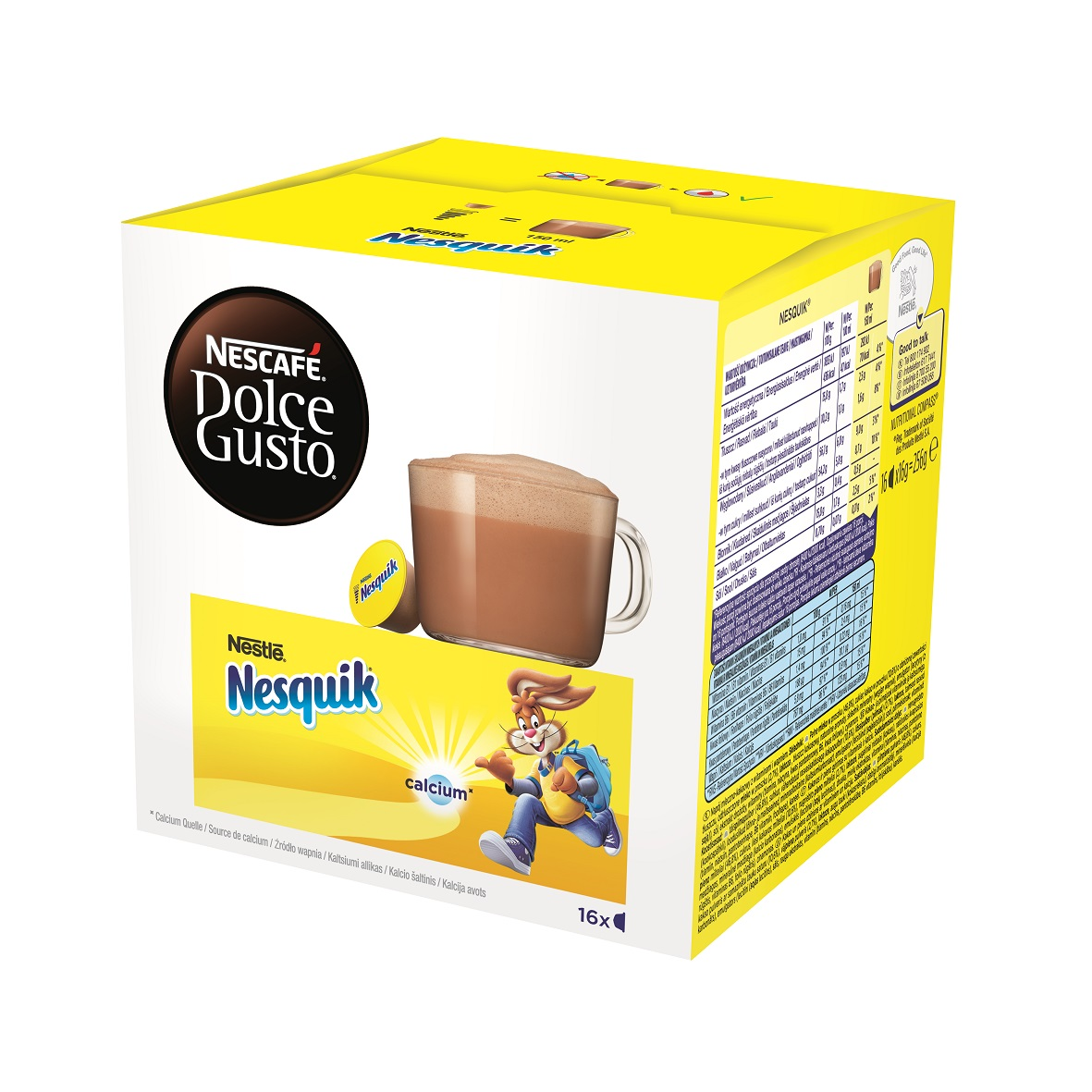 Egy sárga doboz Nescafe Dolce Gusto Nesquik kávékapszulával, rajzfilmfigurával.