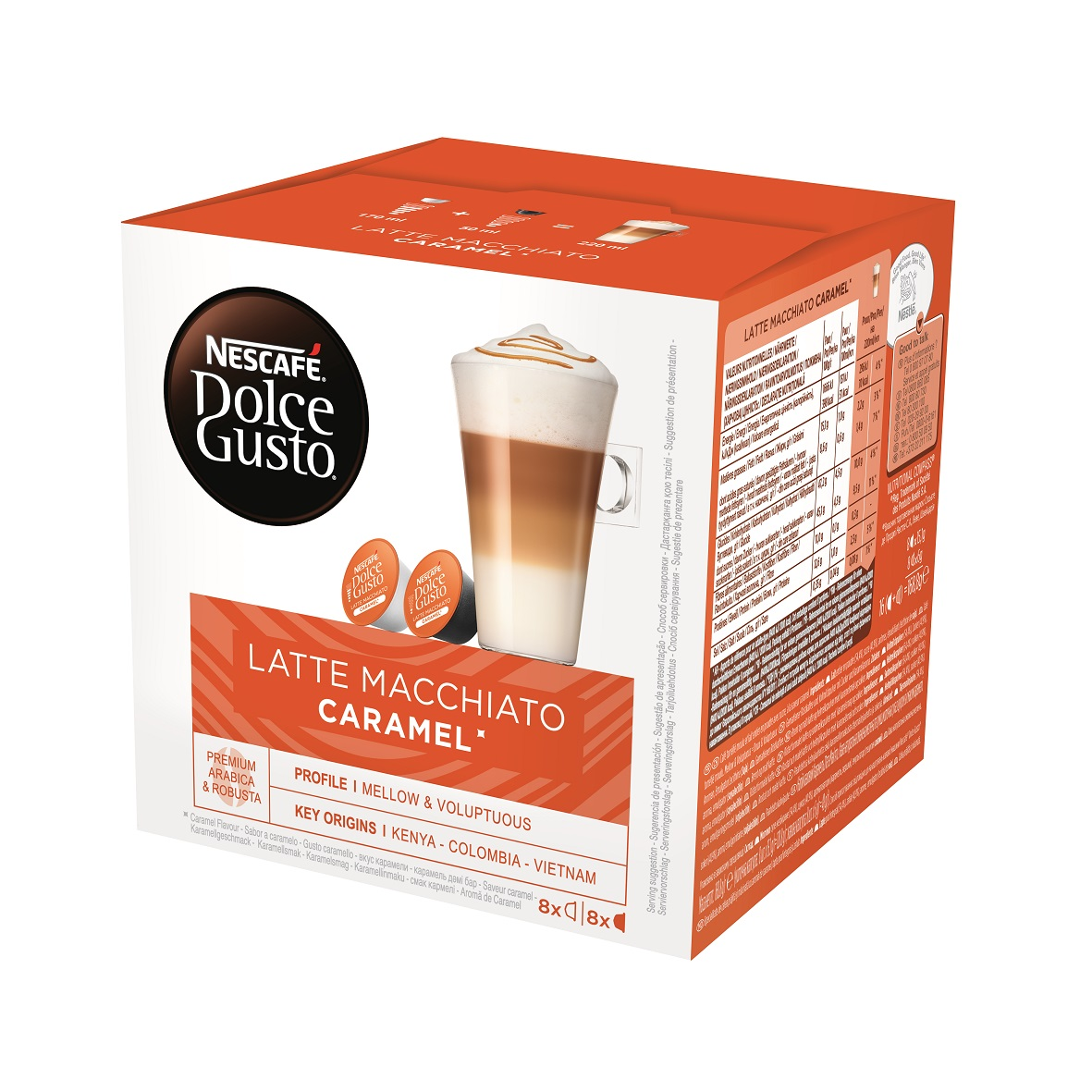 Egy doboz Nescafé Dolce Gusto Latte Macchiato Caramel. Kávépárnák és egy kávéscsésze látható.