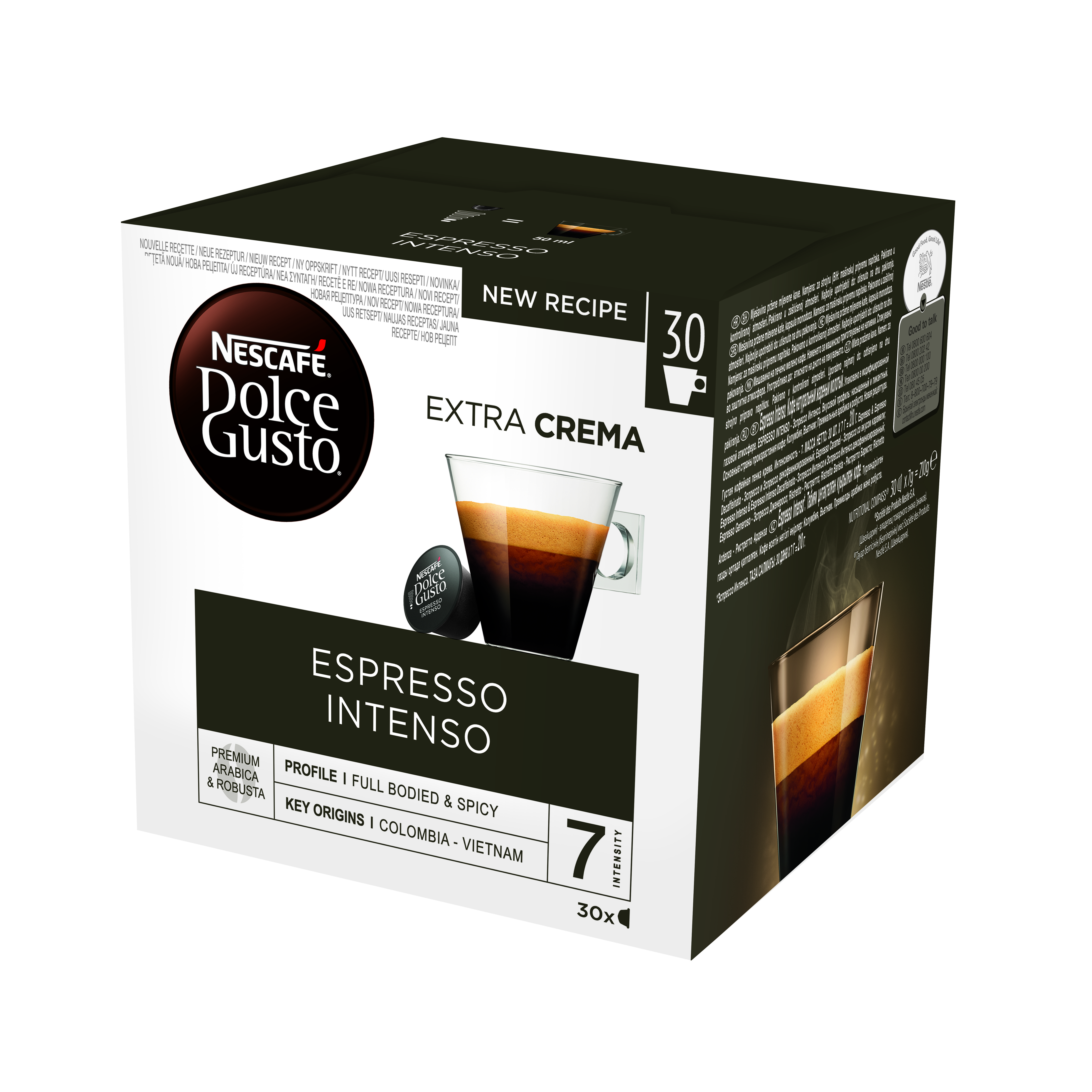 Nescafé Dolce Gusto espresso kapszulák doboza. A doboz nagyrészt barna, fehér szöveggel és egy kávéscsésze képével.