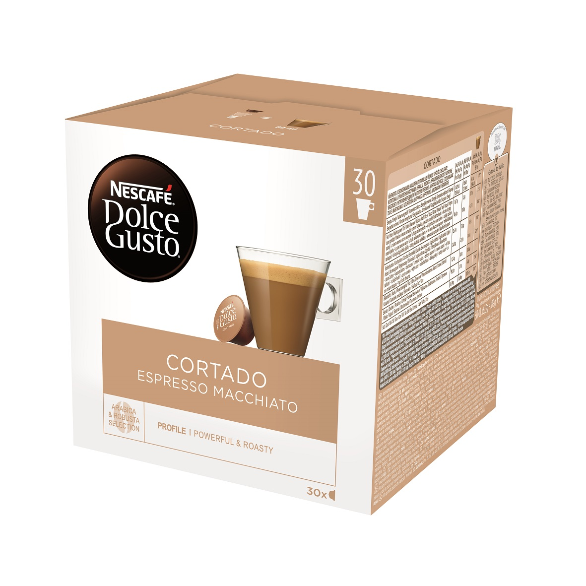 Egy doboz Nescafe Dolce Gusto Cortado Espresso Macchiato kávépárna, egy csésze képével.
