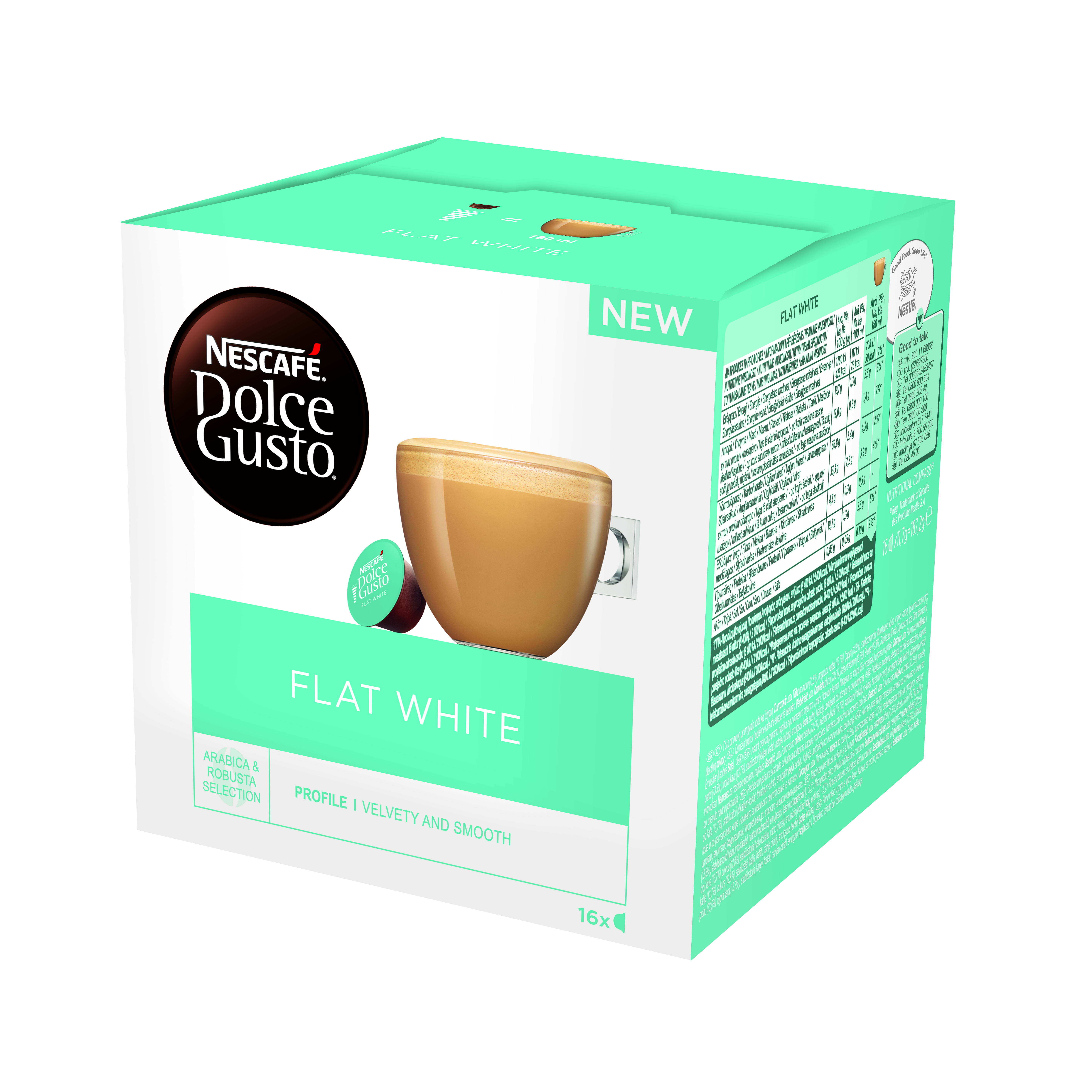 Nescafe Dolce Gusto kávé doboz, fehér és türkiz, egy csésze kávéval. 'Flat White' felirat.