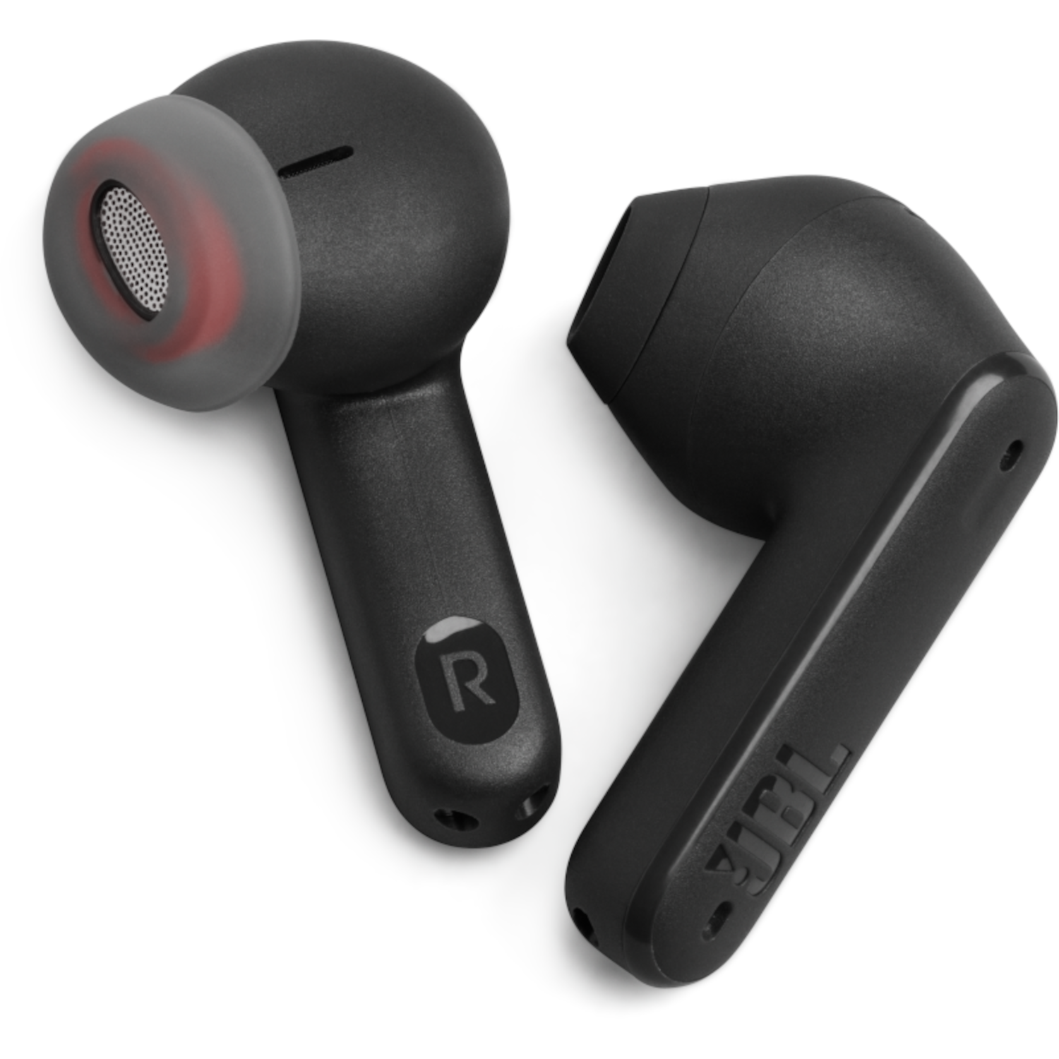 Pair of black JBL earbuds. One has a red and gray ear tip, the other shows the 'R' on the side.