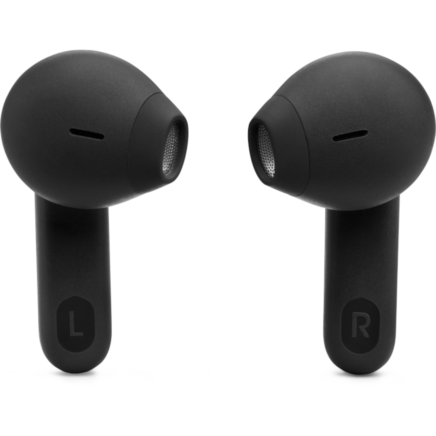Two black JBL earbuds, side view, showing the 'L' and 'R' markings.