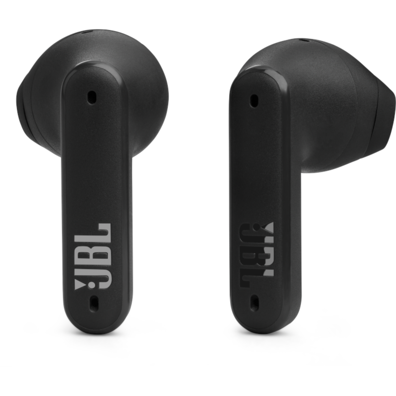 Two black JBL wireless earbuds with a white background.