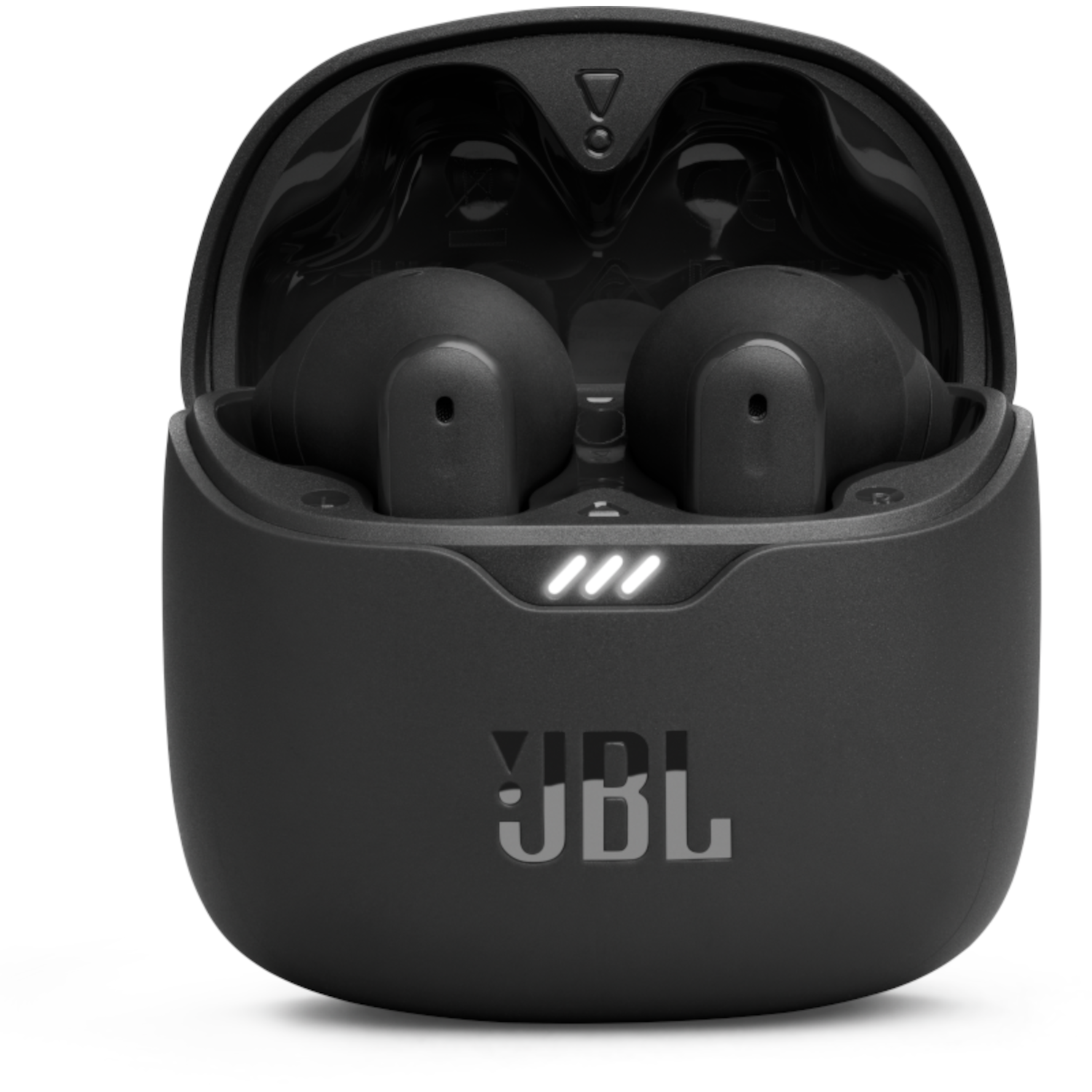 Black earbuds in a black charging case, with a white surface and JBL logo visible.