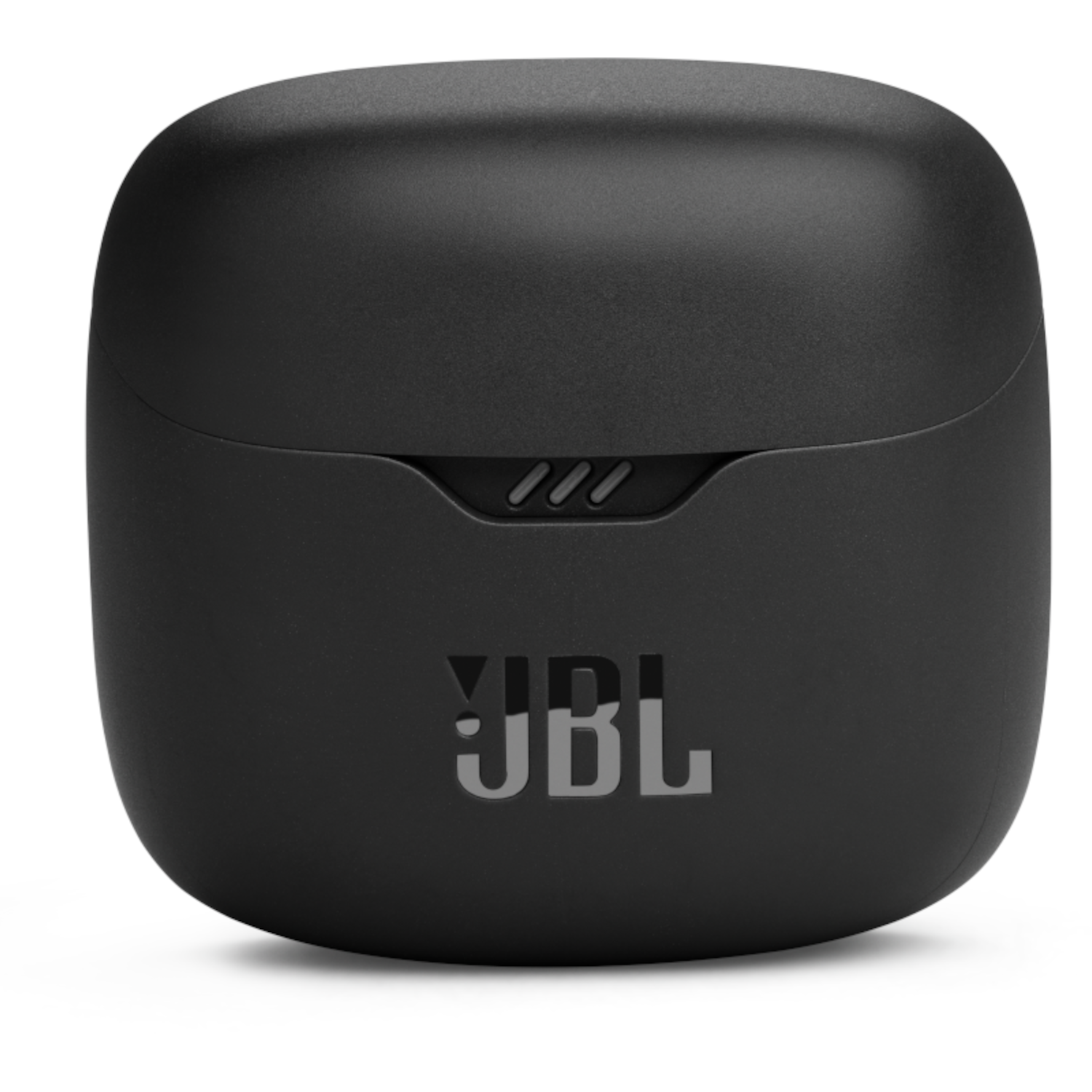 A black JBL charging case. The JBL logo is on the front. The case is closed.