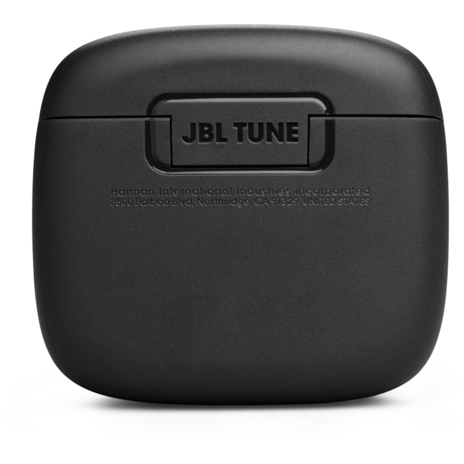 Black JBL Tune case, with the brand name embossed on top, white background.