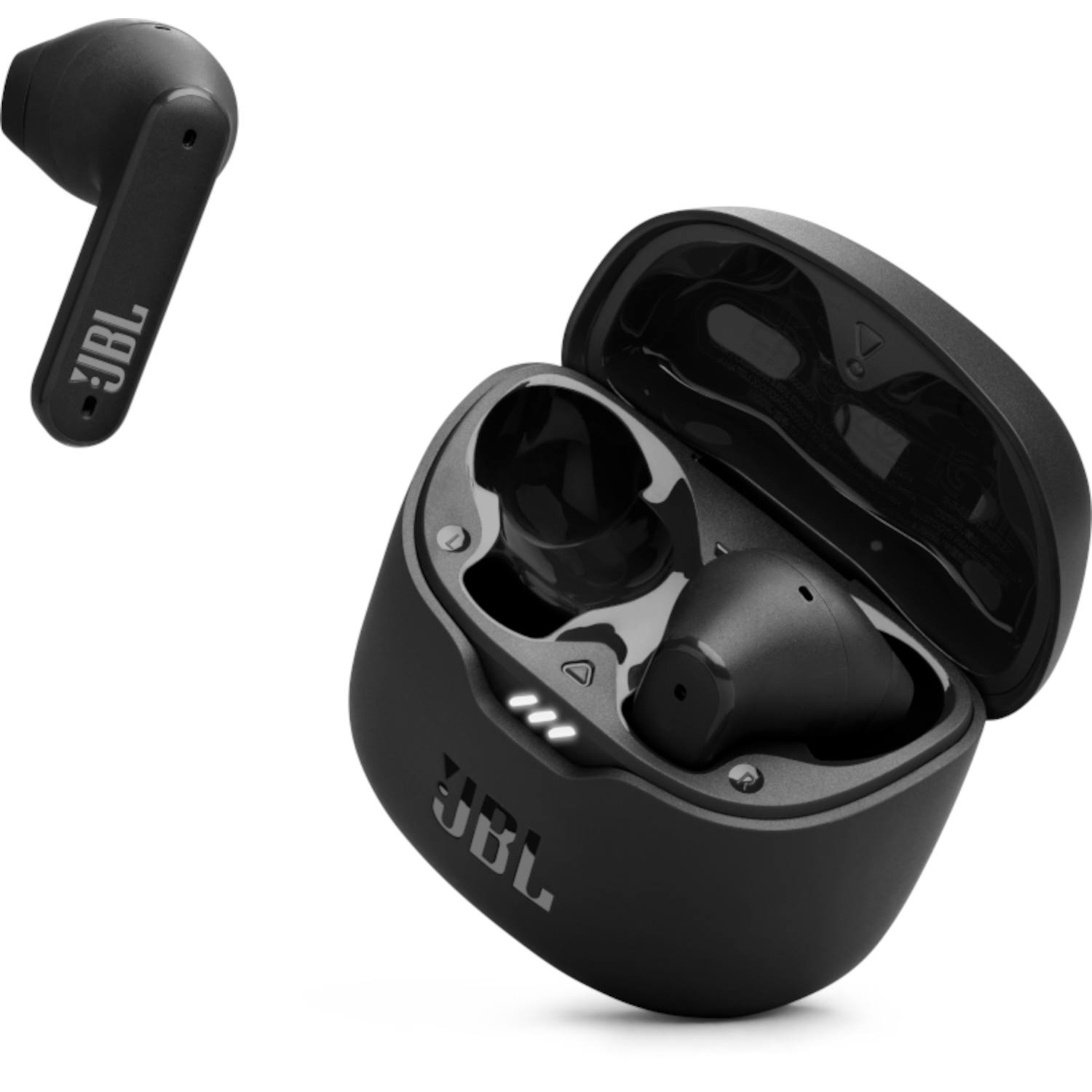 Black JBL earbuds in a case. One earbud detached.