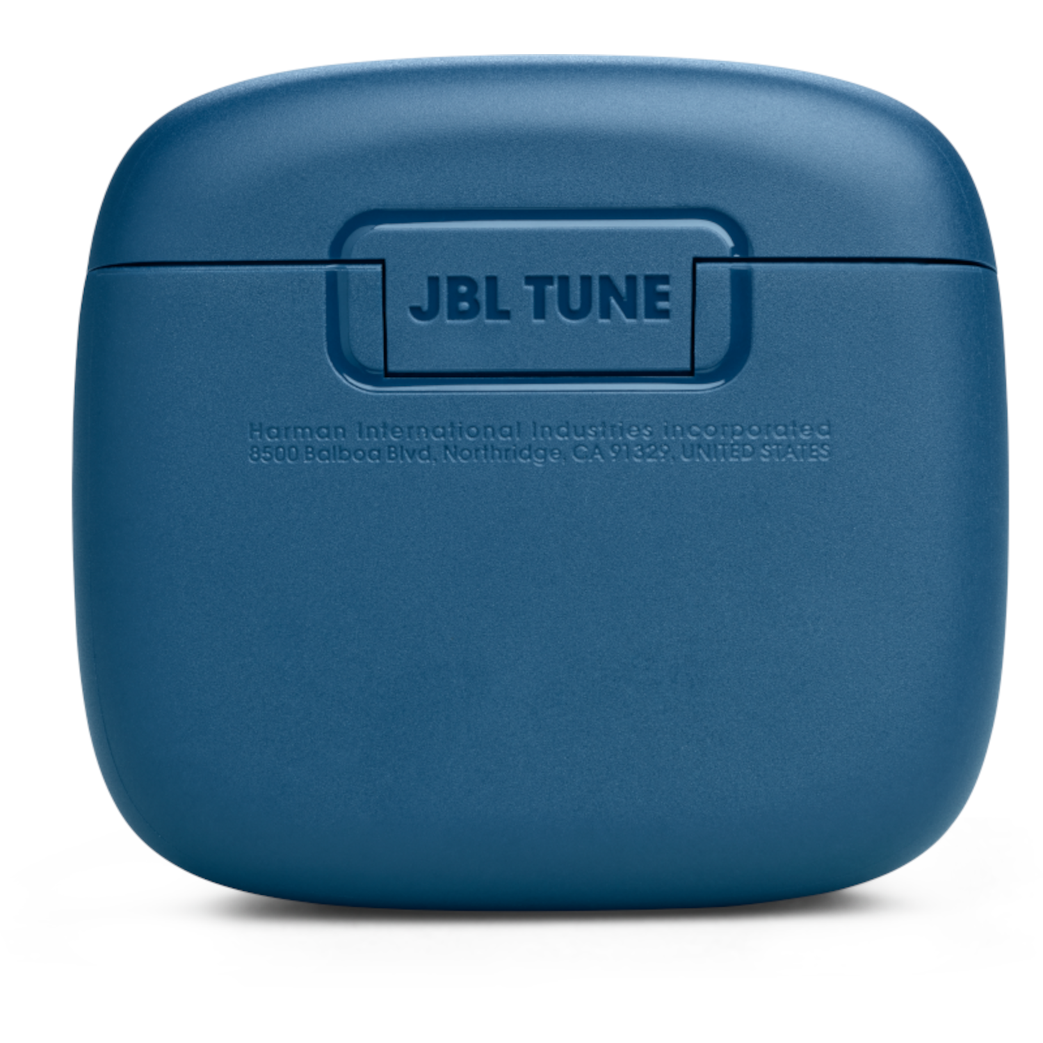 Blauwe JBL Tune oordopjes oplaadcase, bovenaanzicht, witte achtergrond.