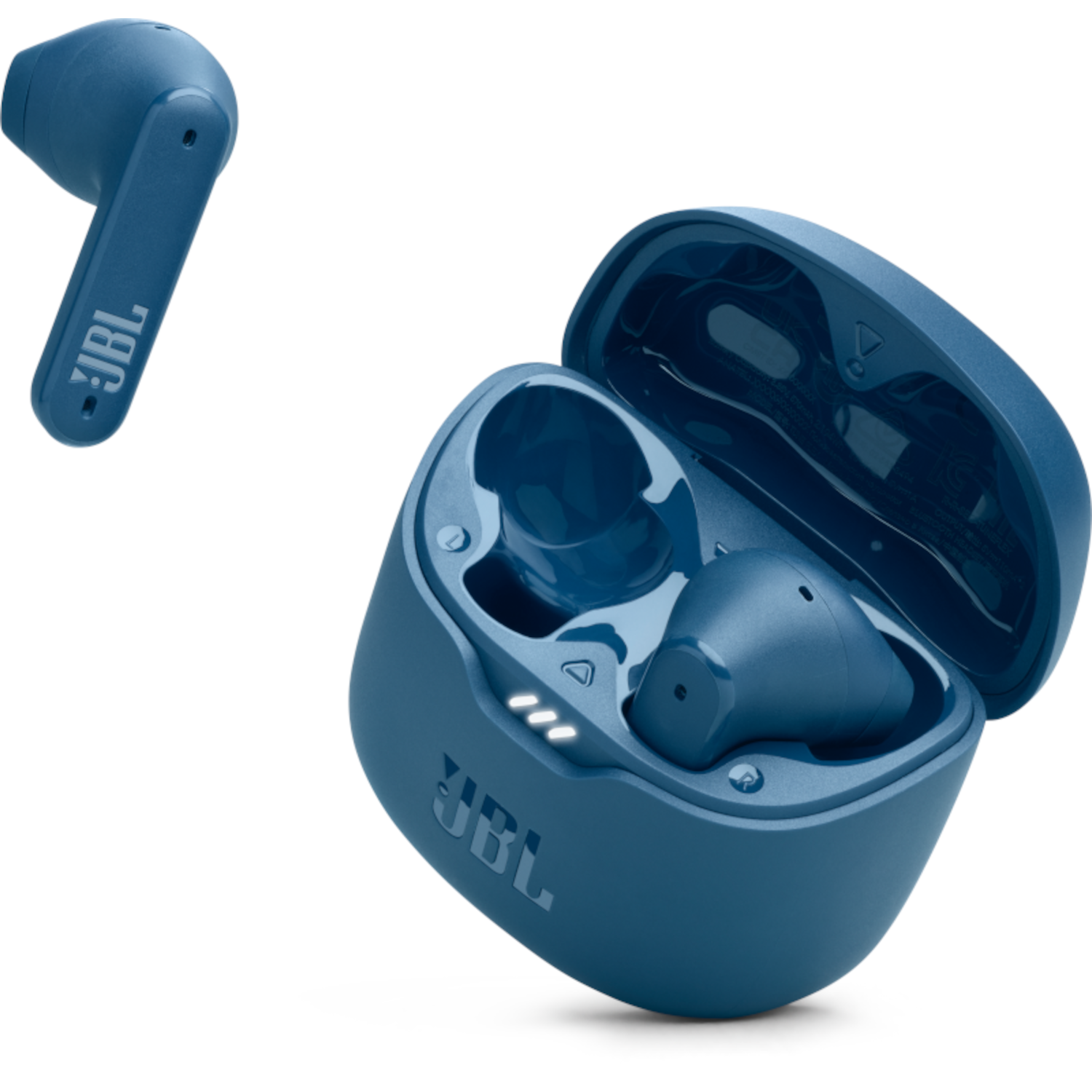 Twee blauwe JBL oordopjes met een oplaadcase. De case heeft witte LED-indicatoren.