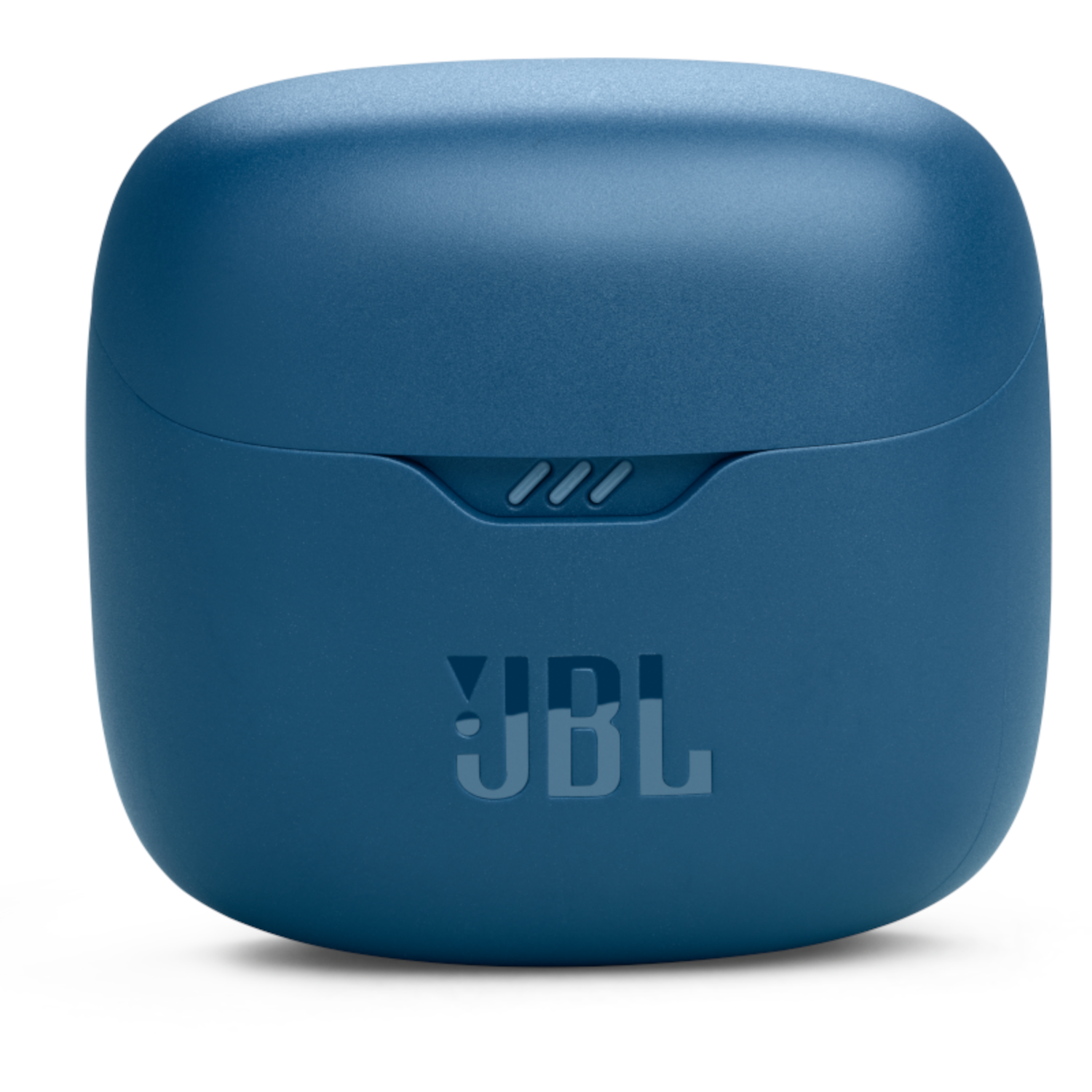 Blauwe JBL Tune oplaadcase voor oordopjes, vooraanzicht, witte achtergrond.