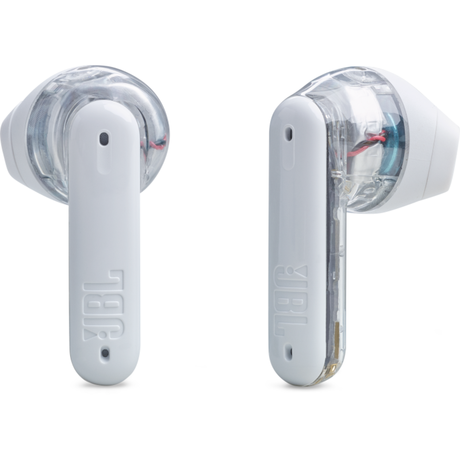 Twee witte draadloze oordopjes met transparante stelen en het JBL-logo.