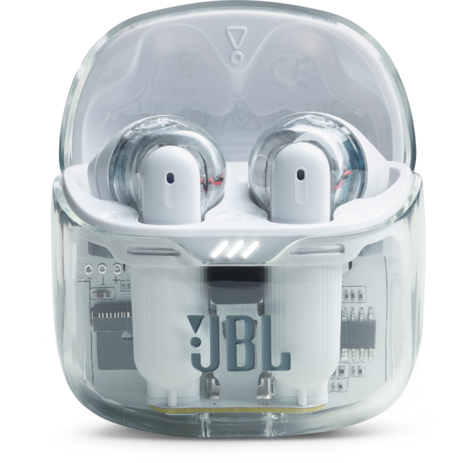 Een doorzichtige hoes bevat twee witte JBL oordopjes. De hoes is open en toont de oordopjes.