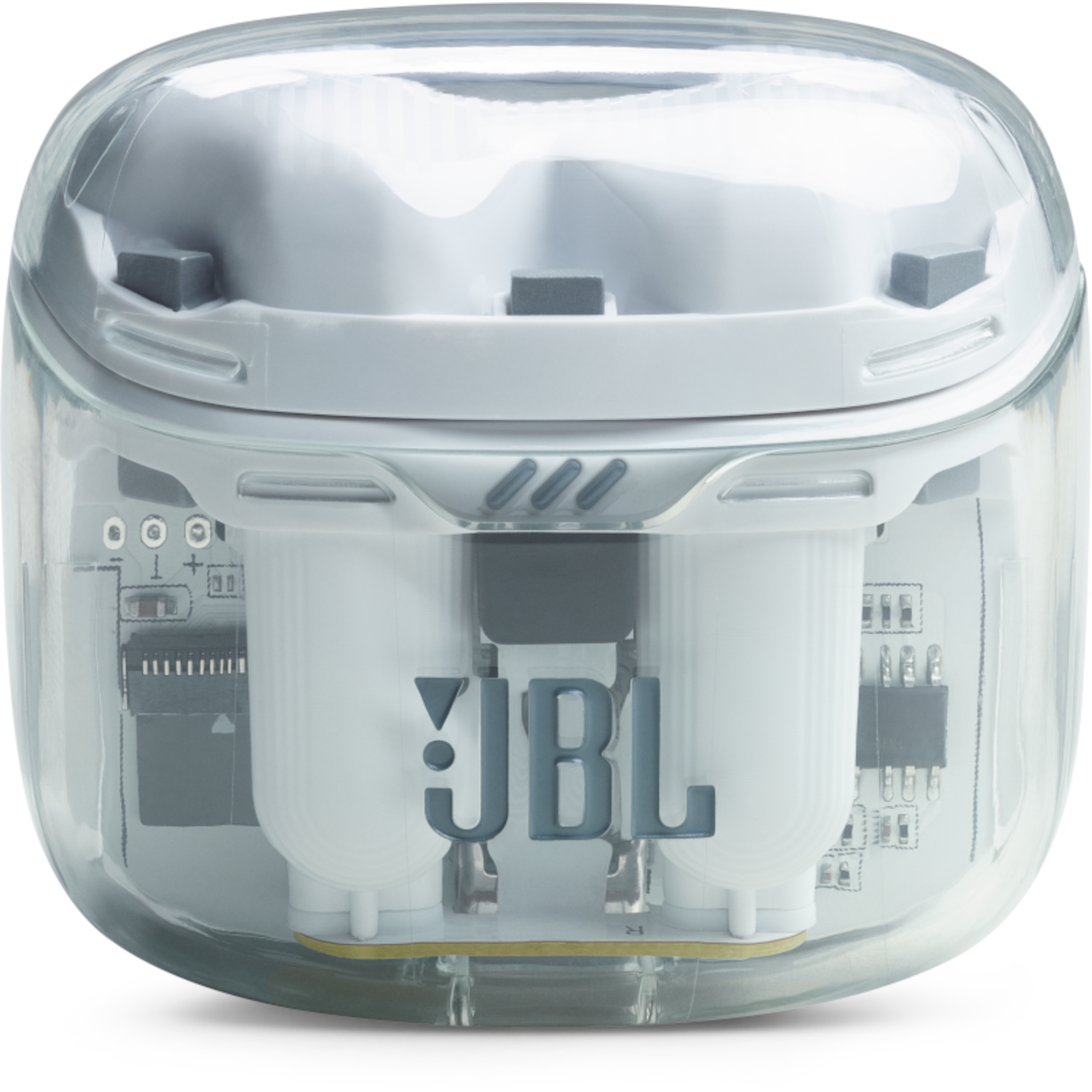 Een transparante oplaadcase, met 'JBL' erop, met draadloze oordopjes.