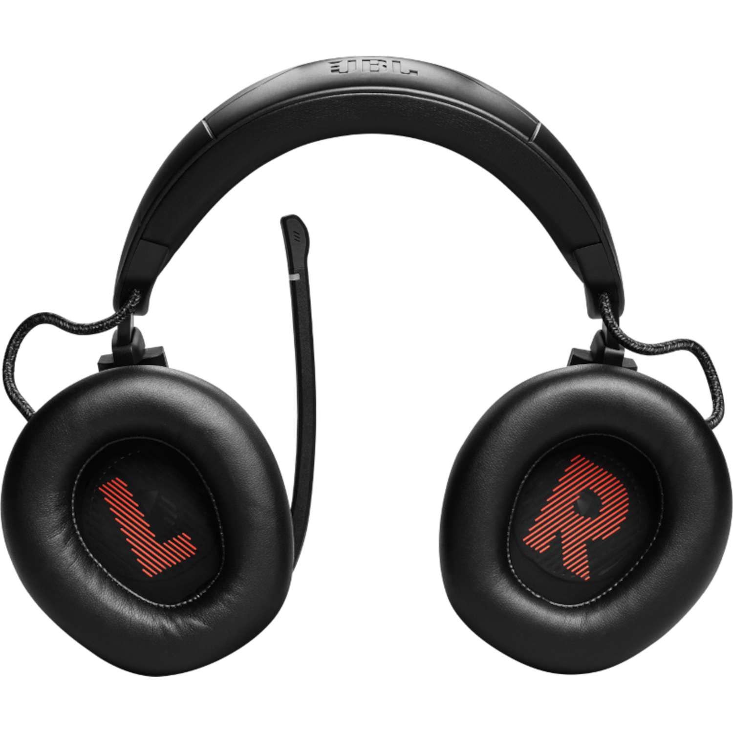 JBL gaming headset, zwart met rode accenten, letters L en R op oorschelpen.