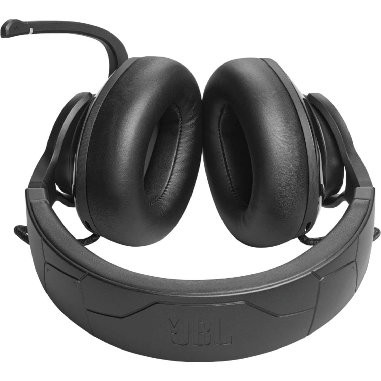 Zwarte JBL gaming headset. Het heeft grote oorschelpen en een microfoon.