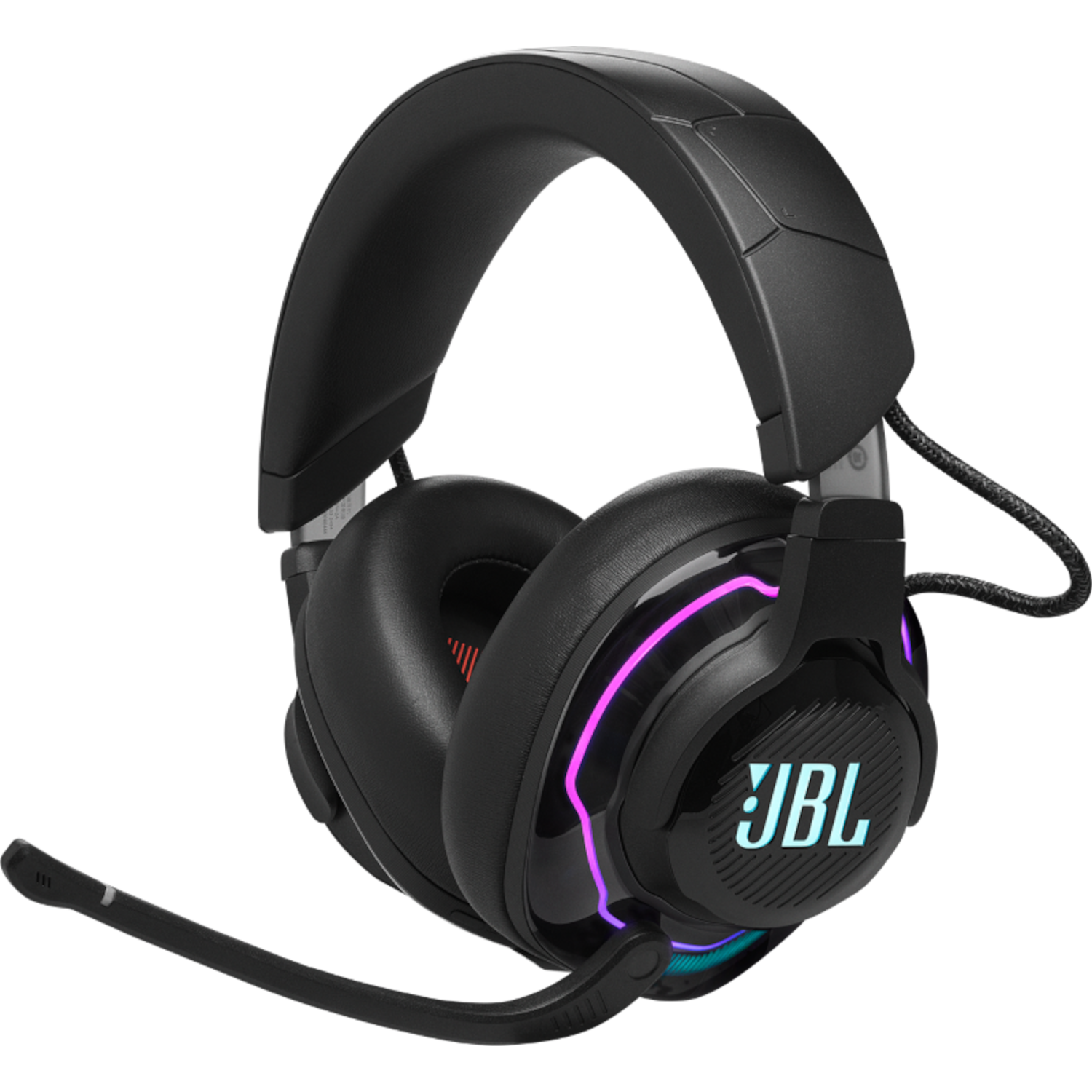 Zwarte gaming koptelefoon met oplichtende accenten en een microfoon. Het JBL logo is zichtbaar.