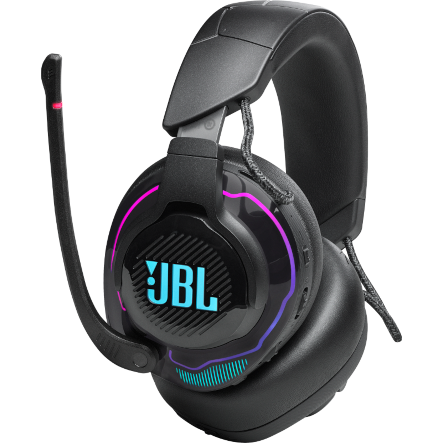 Zwarte JBL gaming headset met een microfoon en RGB-verlichting.