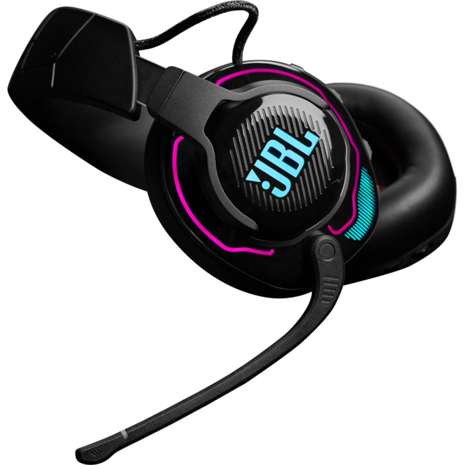 Zwarte JBL gaming headset met gloeiende neonlichten. Microfoon komt uit de linker oorschelp.