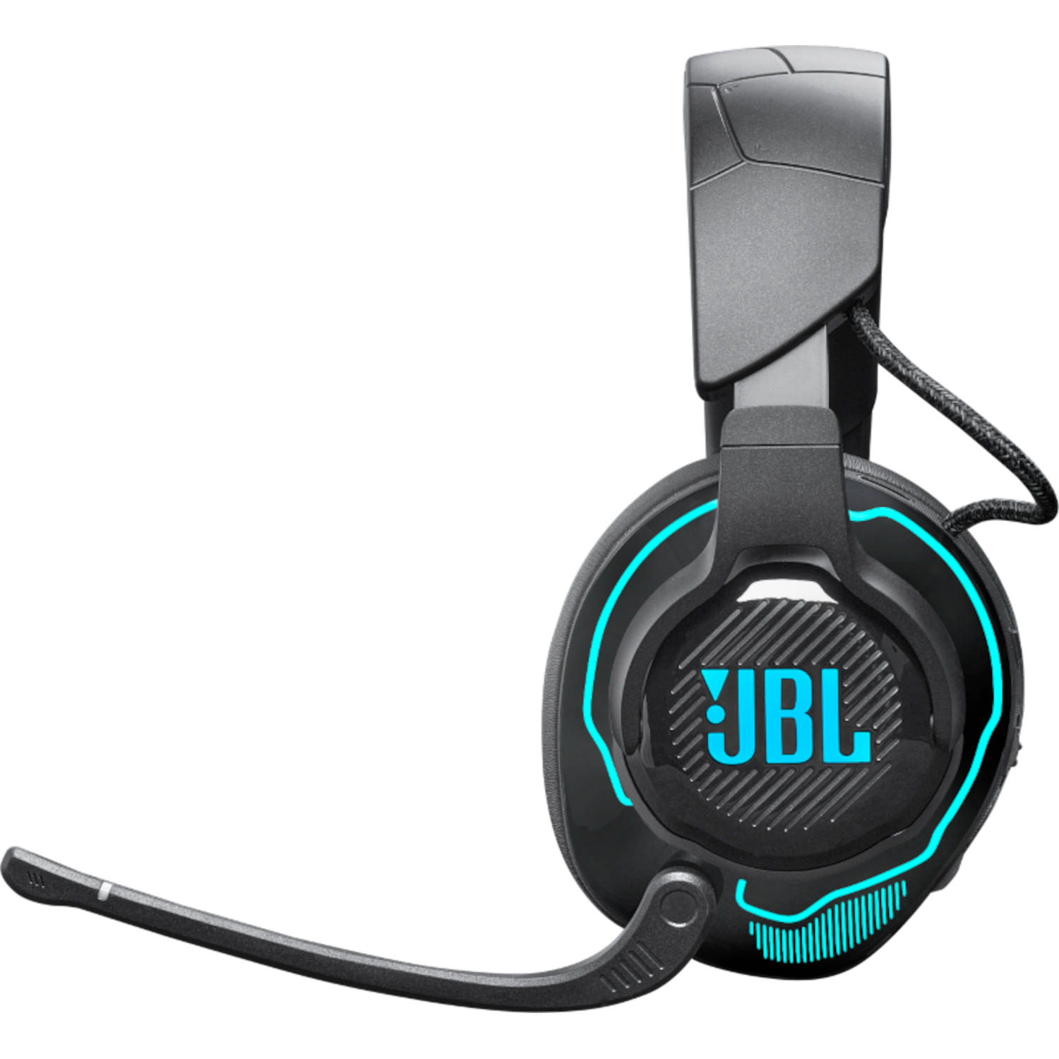 Een zwarte JBL gaming headset met blauwe accenten. De microfoon is uitgeschoven.